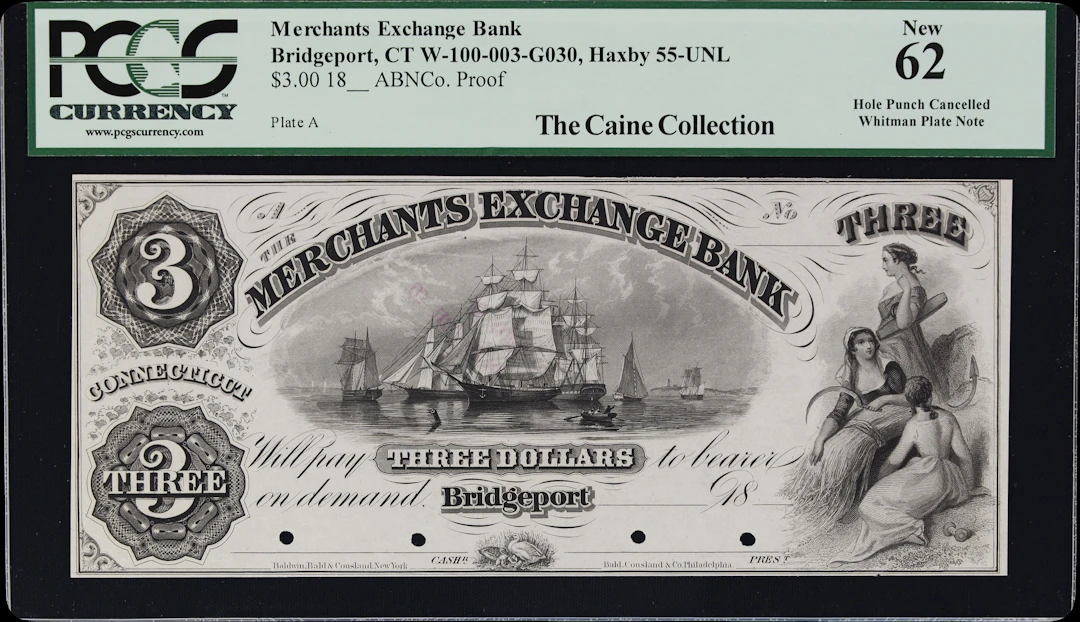 Bridgeport, Connecticut. Merchants Exchange Bank. 18xx $3. PCGS Currency