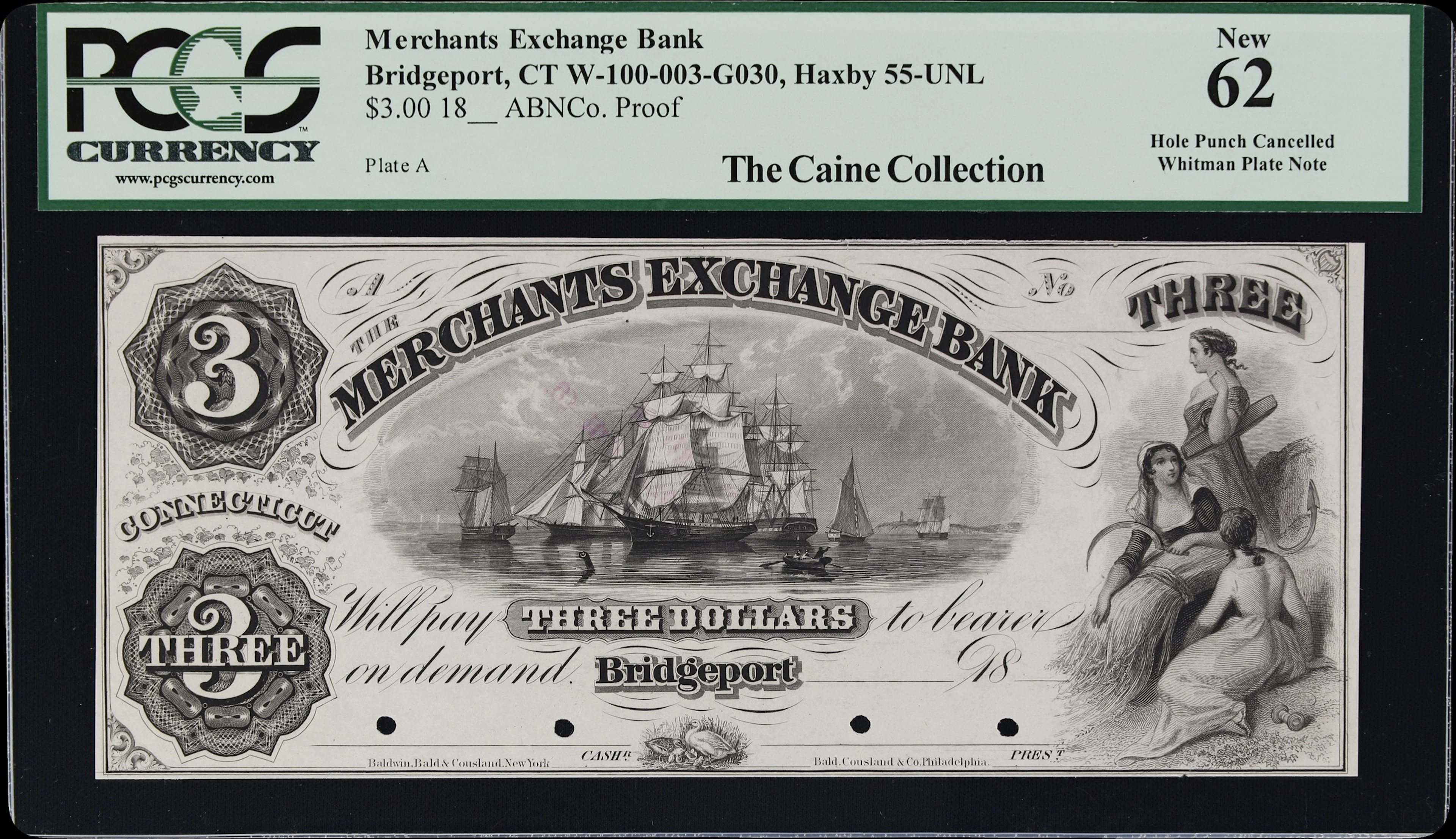 Bridgeport, Connecticut. Merchants Exchange Bank. 18xx $3. PCGS Currency