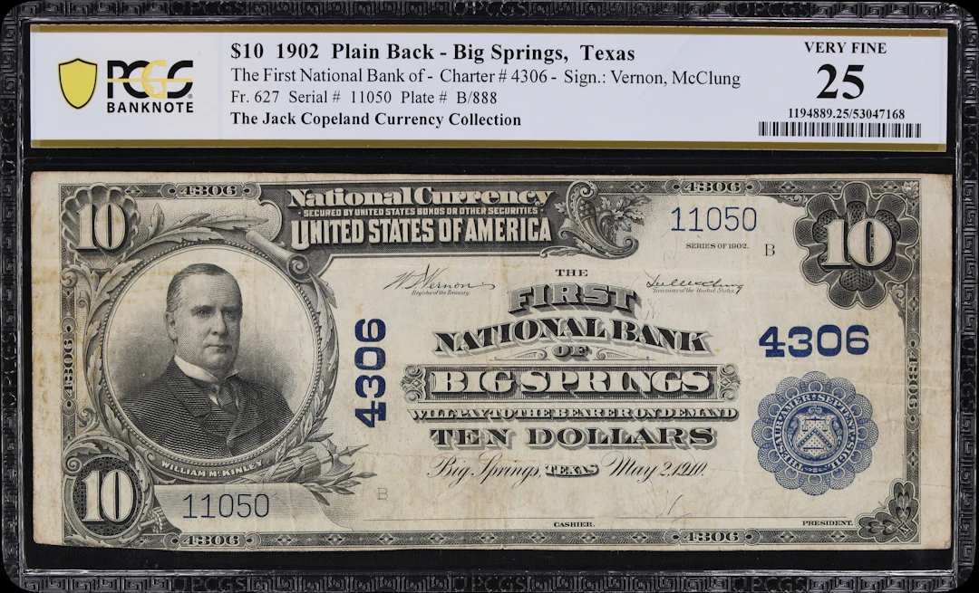 Big Springs, Texas. $10 1902 Plain Back. Fr. 627. First NB. Charter