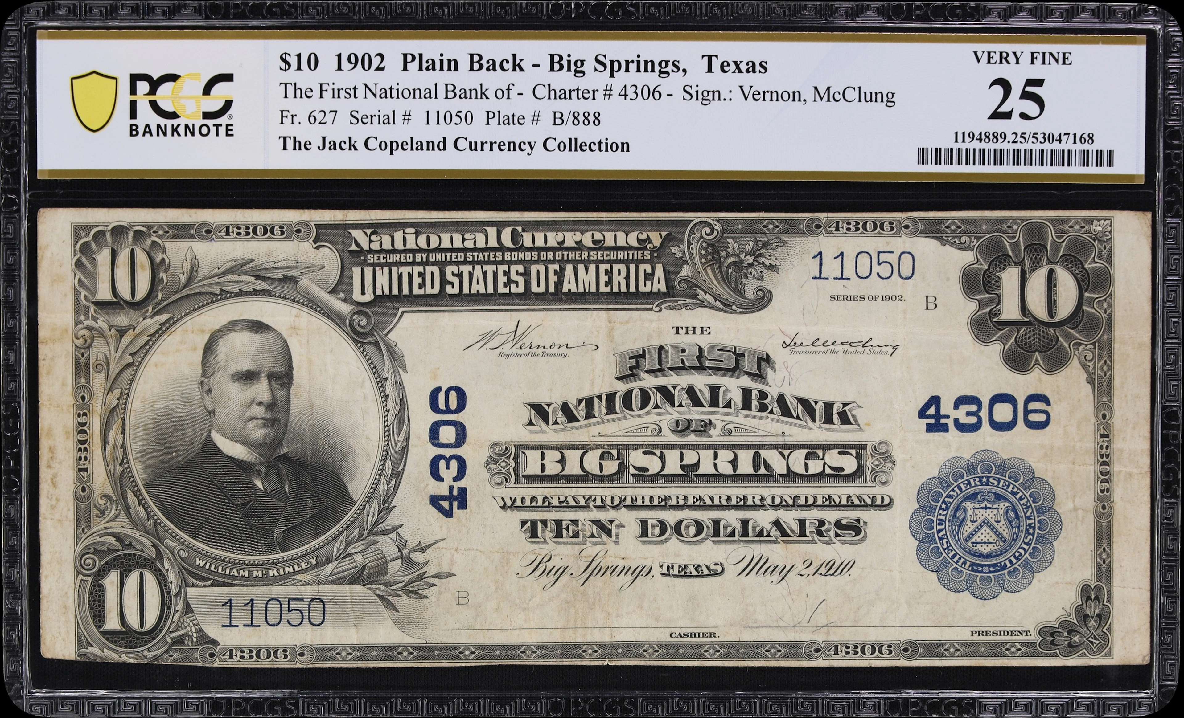 Big Springs, Texas. $10 1902 Plain Back. Fr. 627. First NB. Charter