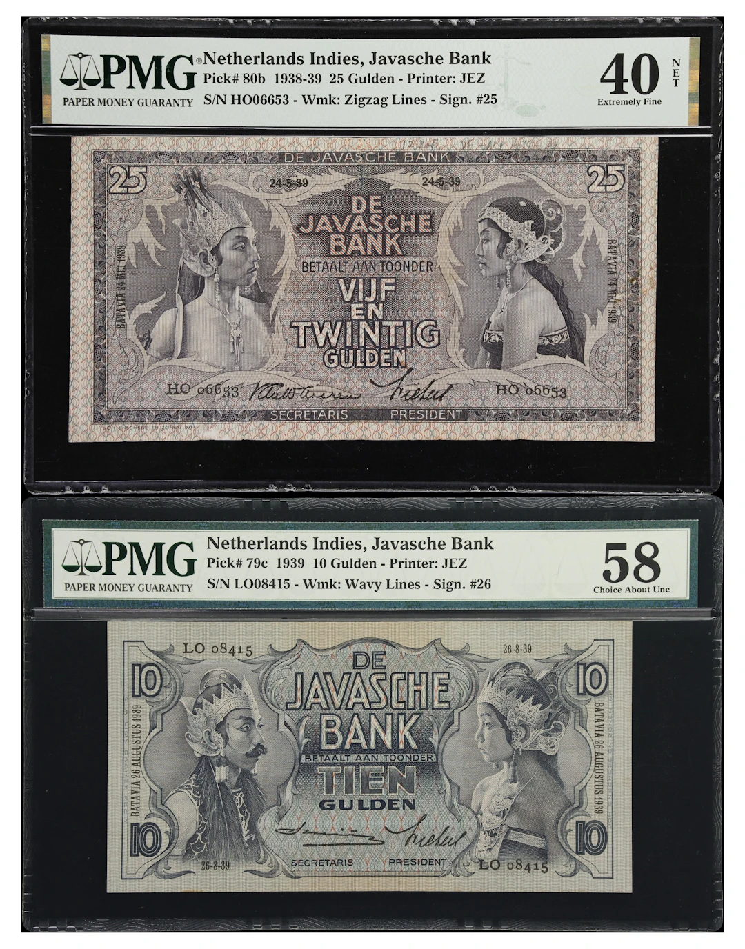 NETHERLANDS INDIES. Lot of (2). Javasche Bank. 10 & 25 Gulden, 1939.