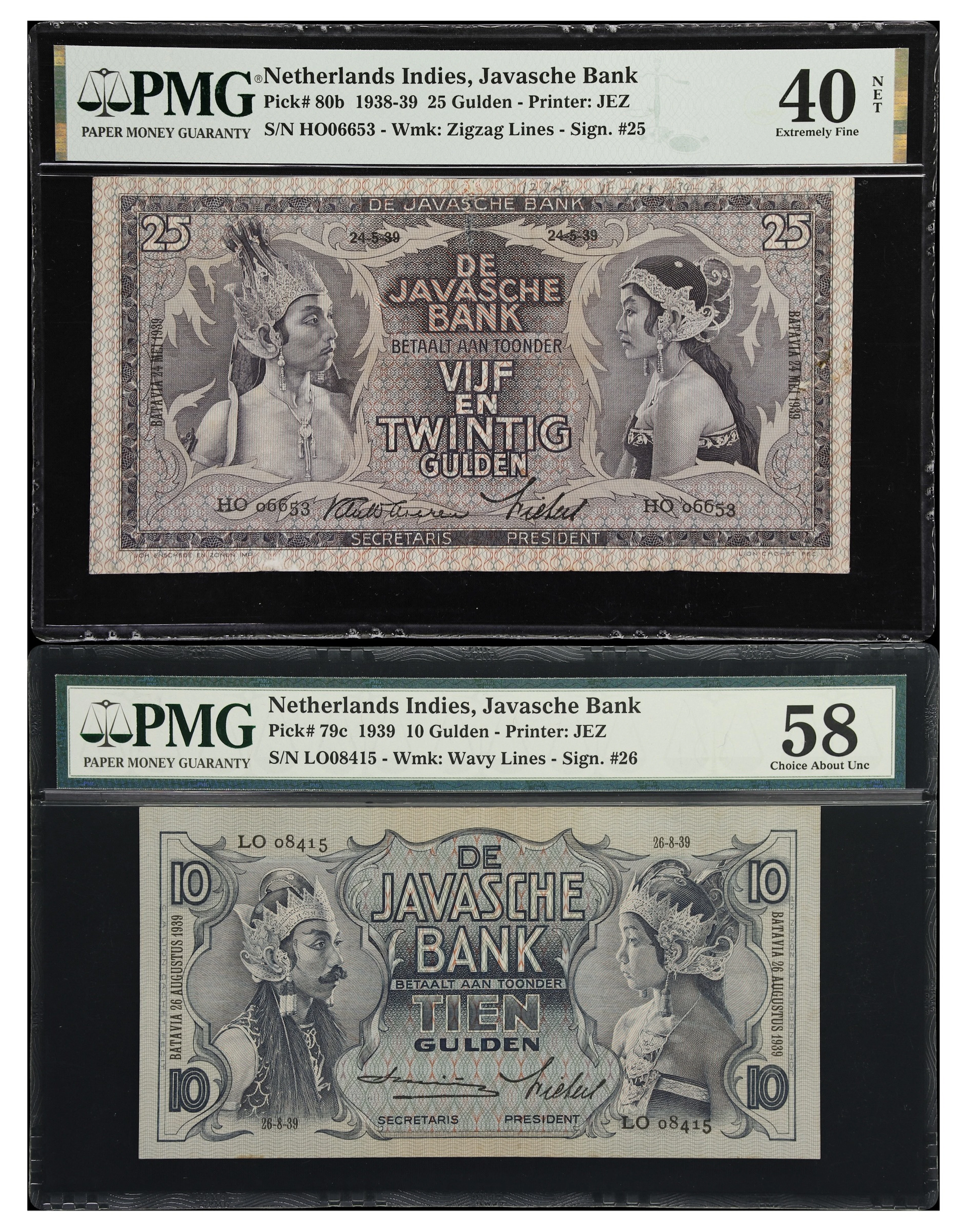 NETHERLANDS INDIES. Lot of (2). Javasche Bank. 10 & 25 Gulden, 1939.