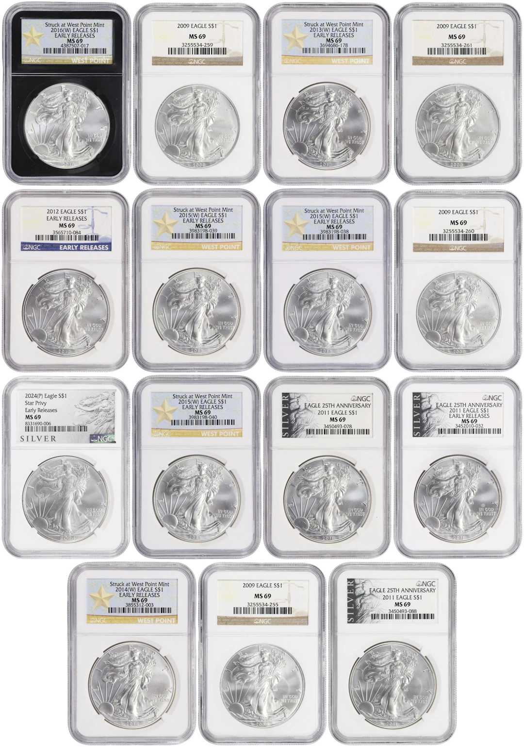 (15 oz, 466.56 g ASW). Lot of (15) Mixed Date American Silver Eagles.