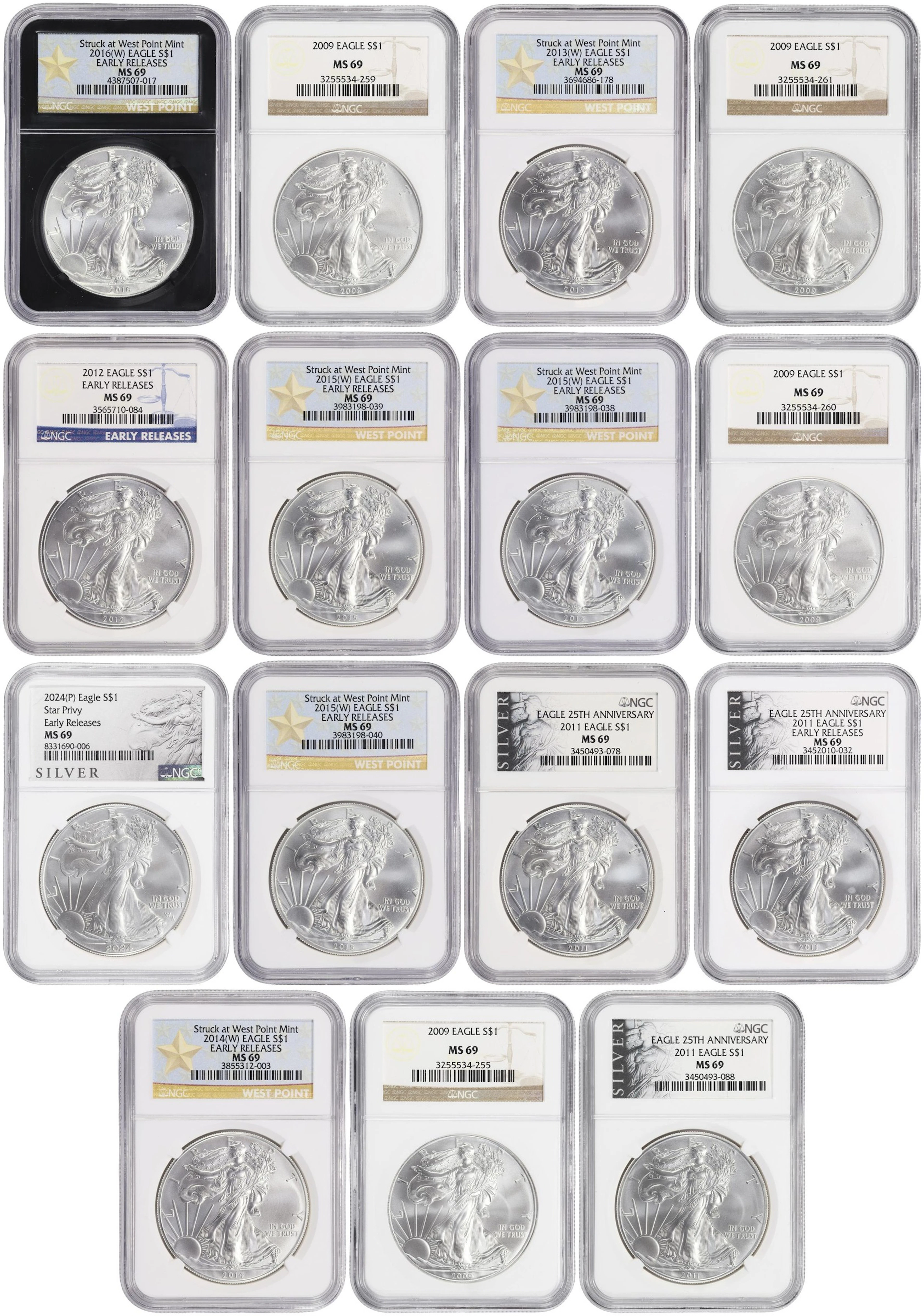 (15 oz, 466.56 g ASW). Lot of (15) Mixed Date American Silver Eagles.