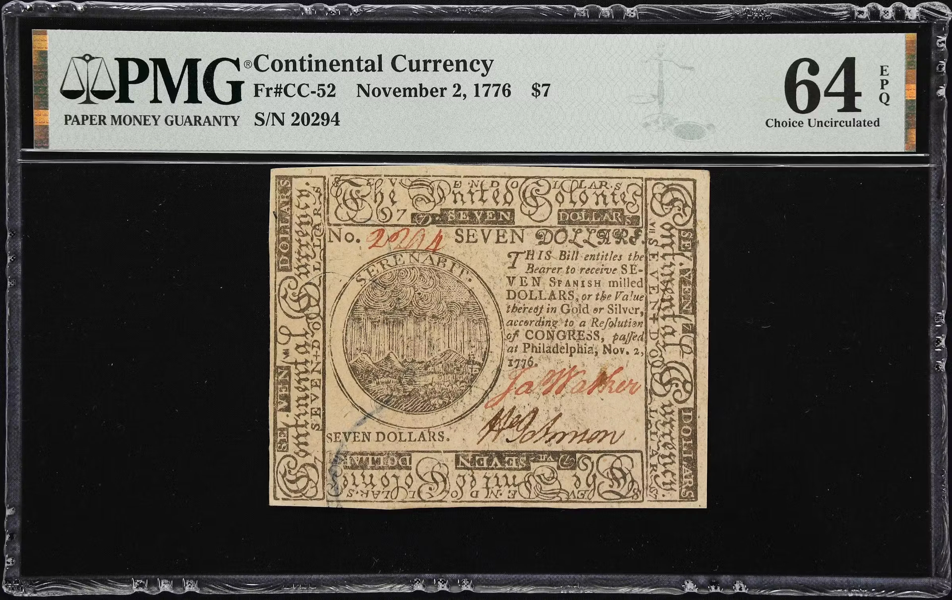CC-52. Continental Currency. November 2, 1776. $7. PMG Choice Uncirculated