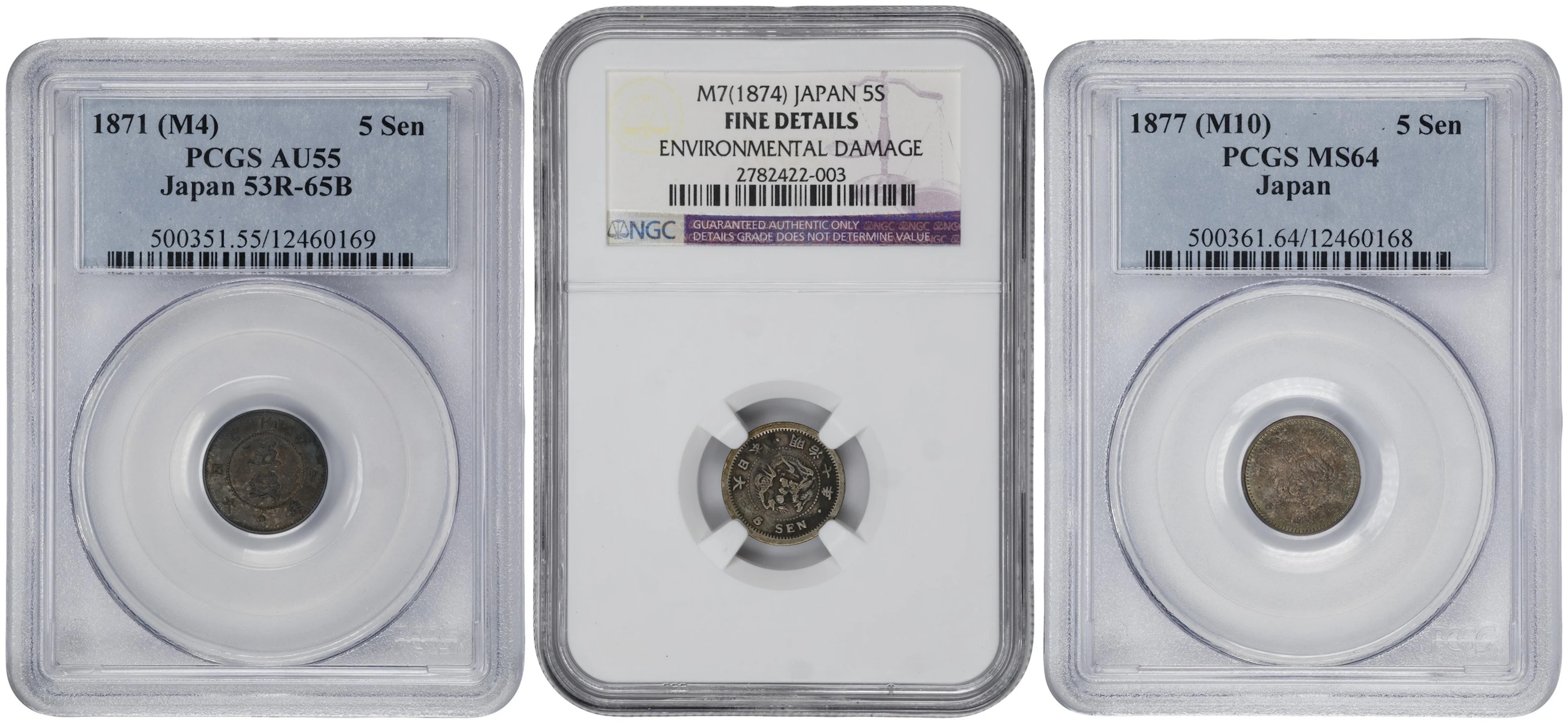 JAPAN. Trio of 5 Sen (3 Pieces), 1871-77. Osaka Mint. Mutsuhito (Meiji).