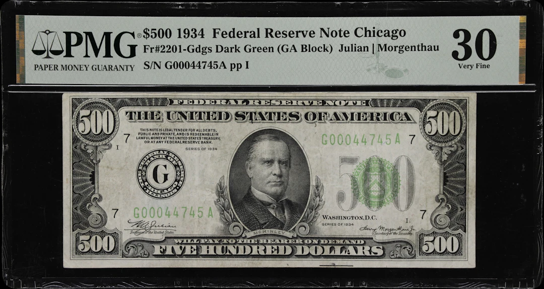 Fr. 2201-Gdgs. 1934 Dark Green Seal $500 Federal Reserve Note. Chicago.