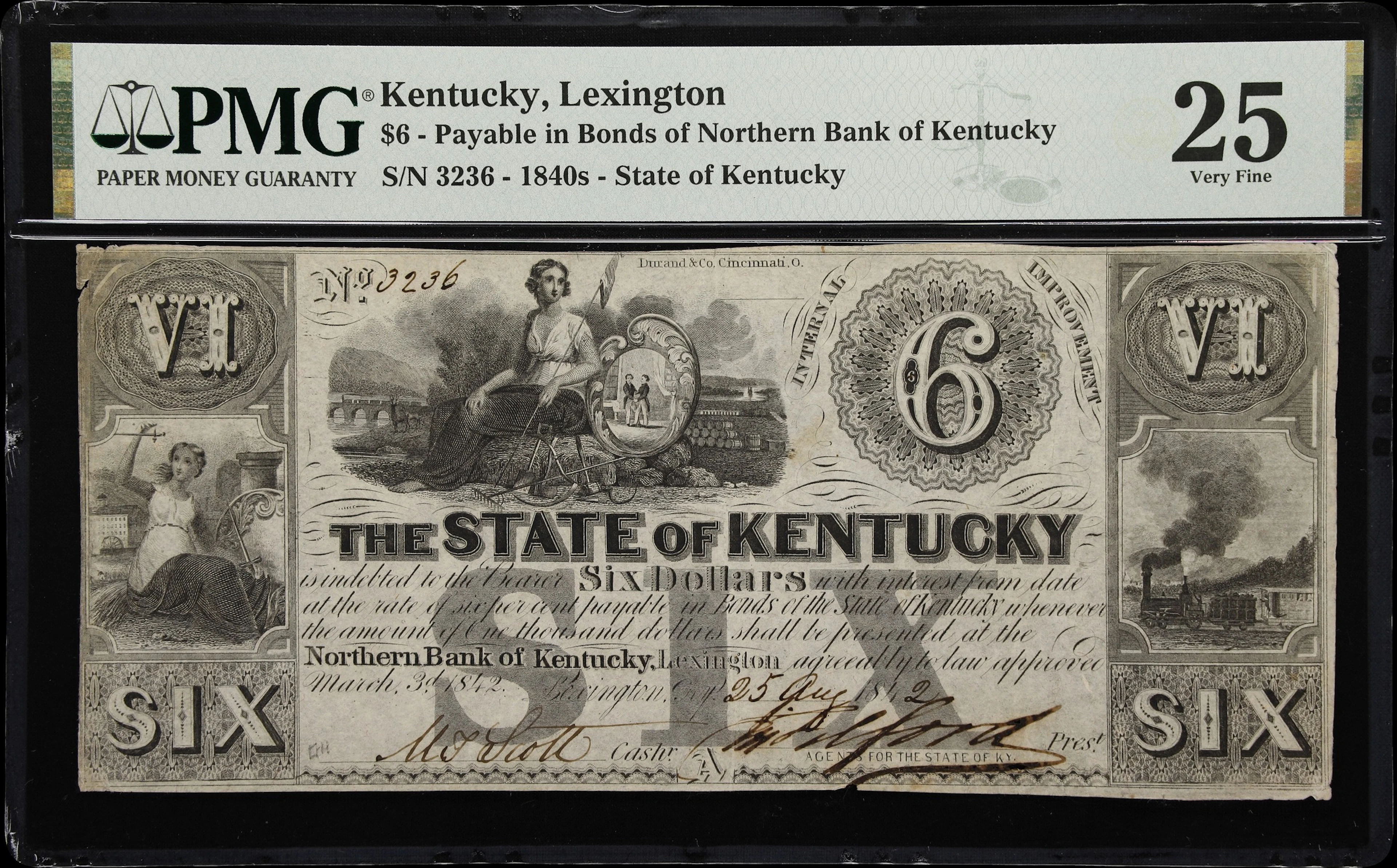 Lexington, Kentucky. Northern Bank of Kentucky. 1842 $6. PMG Very Fine 25.