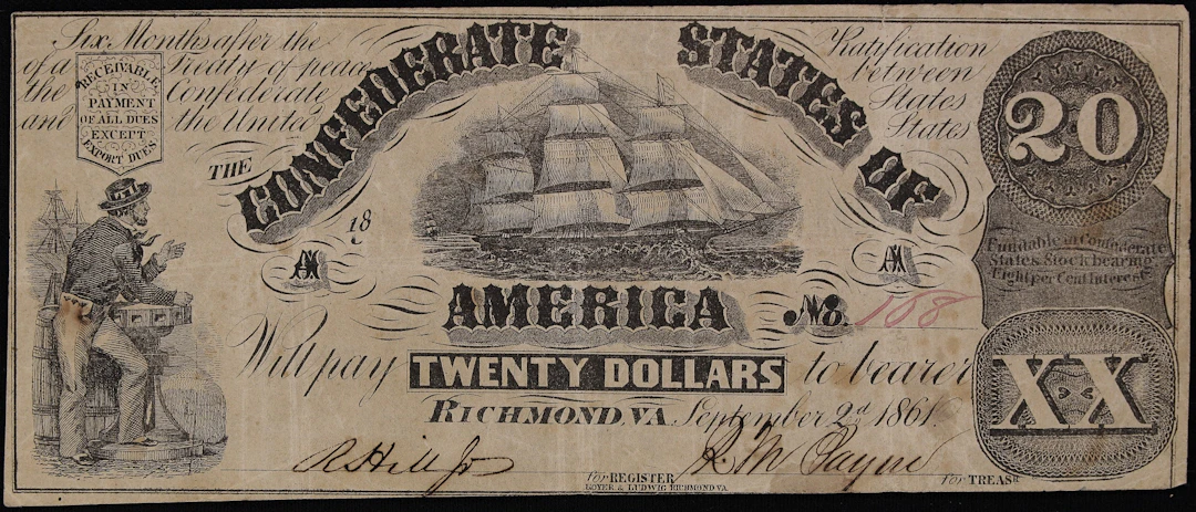 T-18. Confederate Currency. 1861 $20. Very Fine.