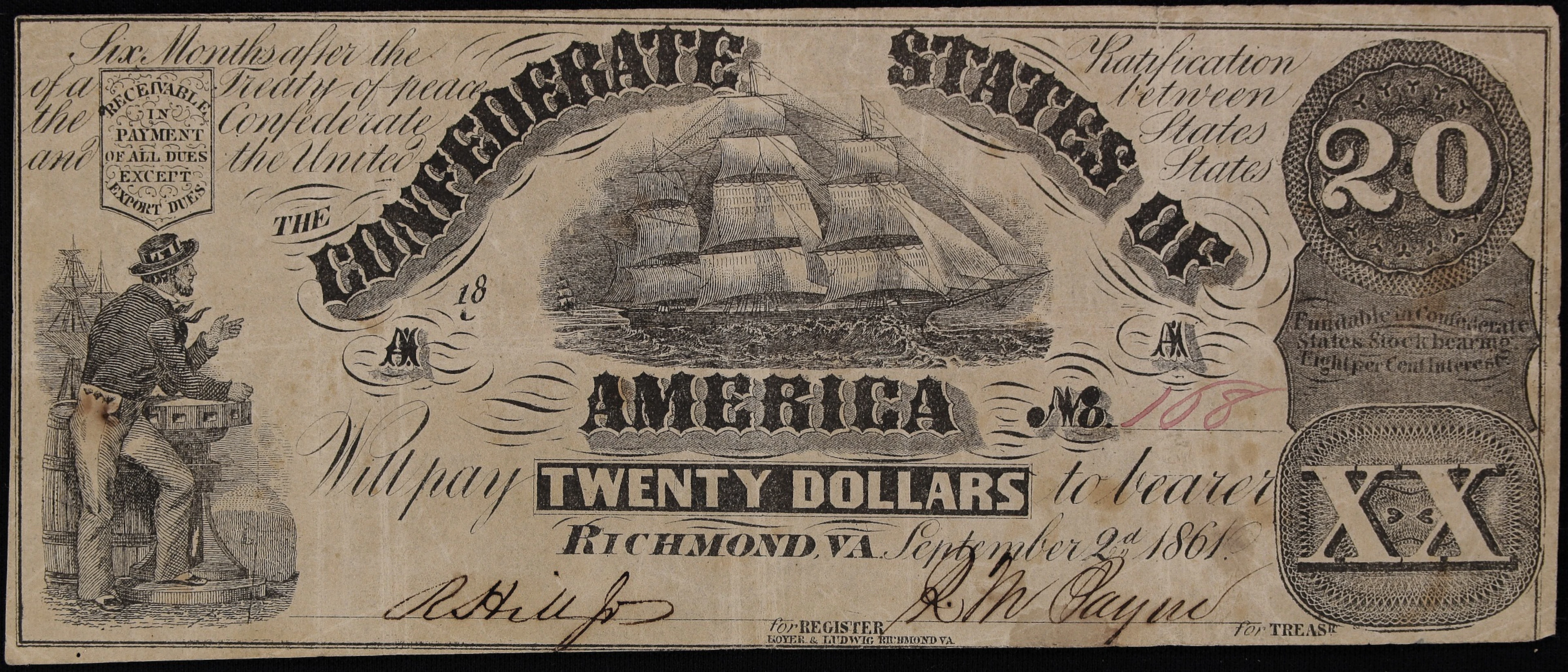 T-18. Confederate Currency. 1861 $20. Very Fine.