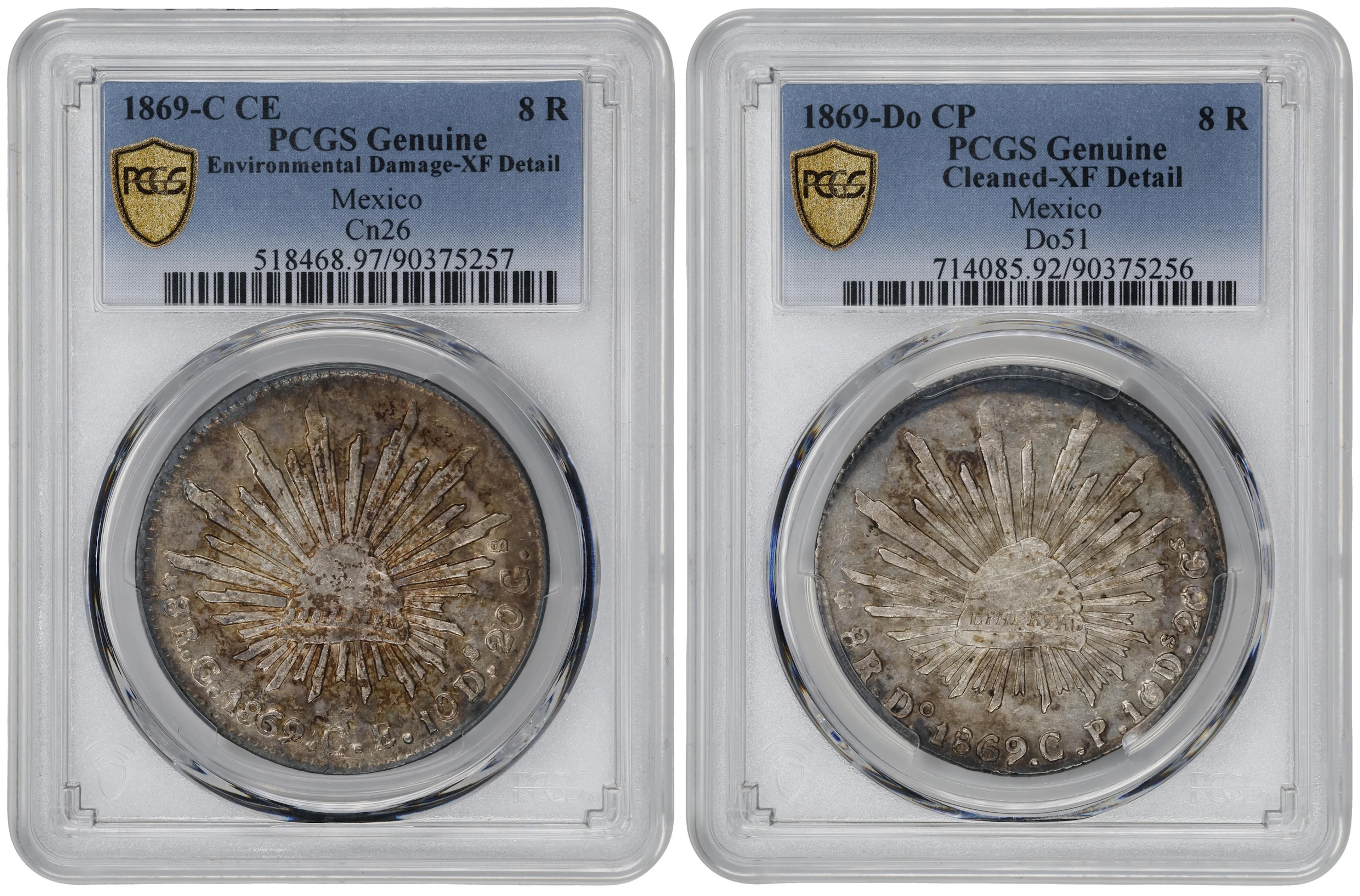 MEXICO. Duo of 8 Reales (2 Pieces), 1869. Both PCGS Certified.