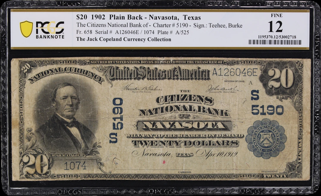 Navasota, Texas. $20 1902 Plain Back. Fr. 658. Citizens NB. Charter