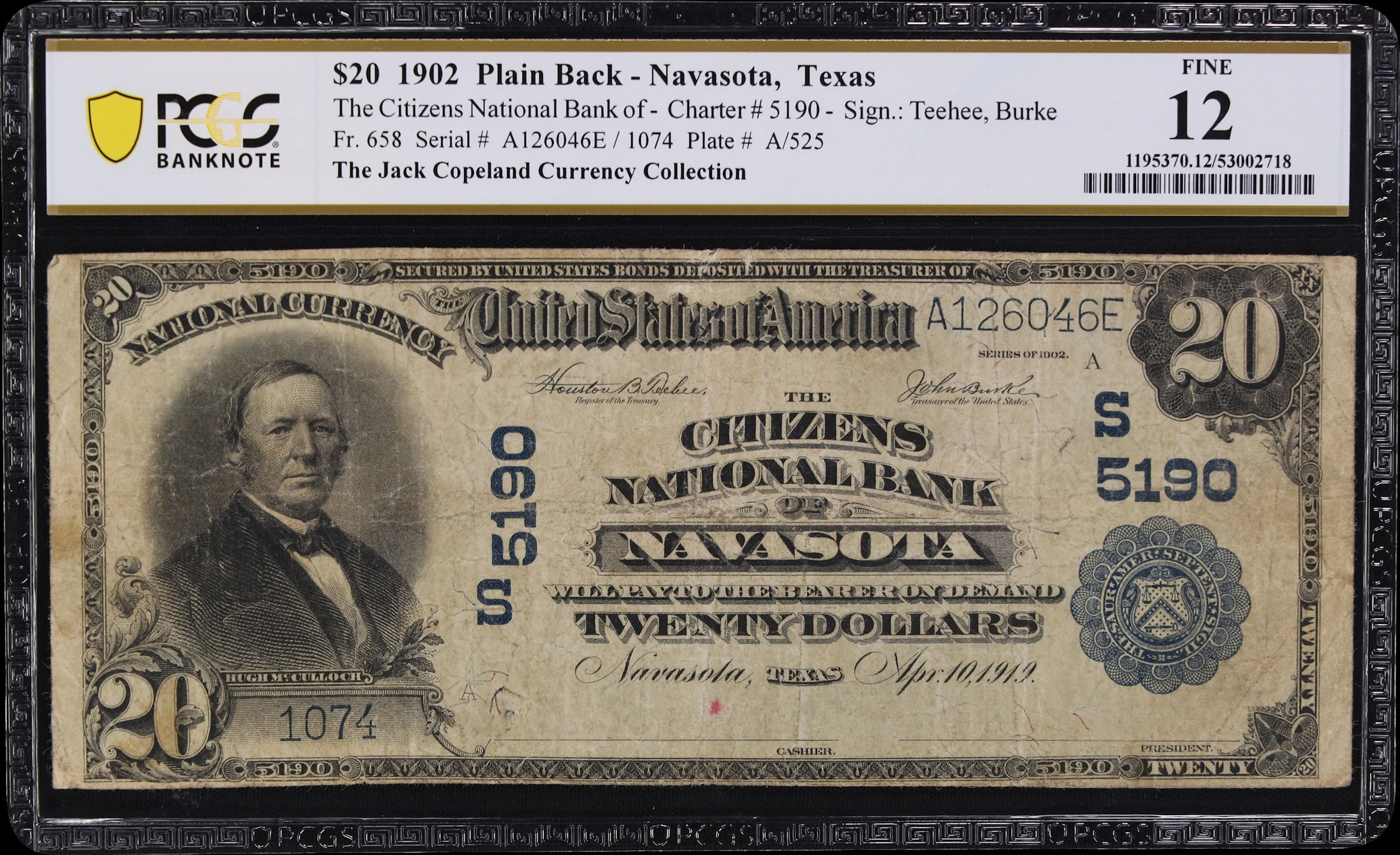 Navasota, Texas. $20 1902 Plain Back. Fr. 658. Citizens NB. Charter