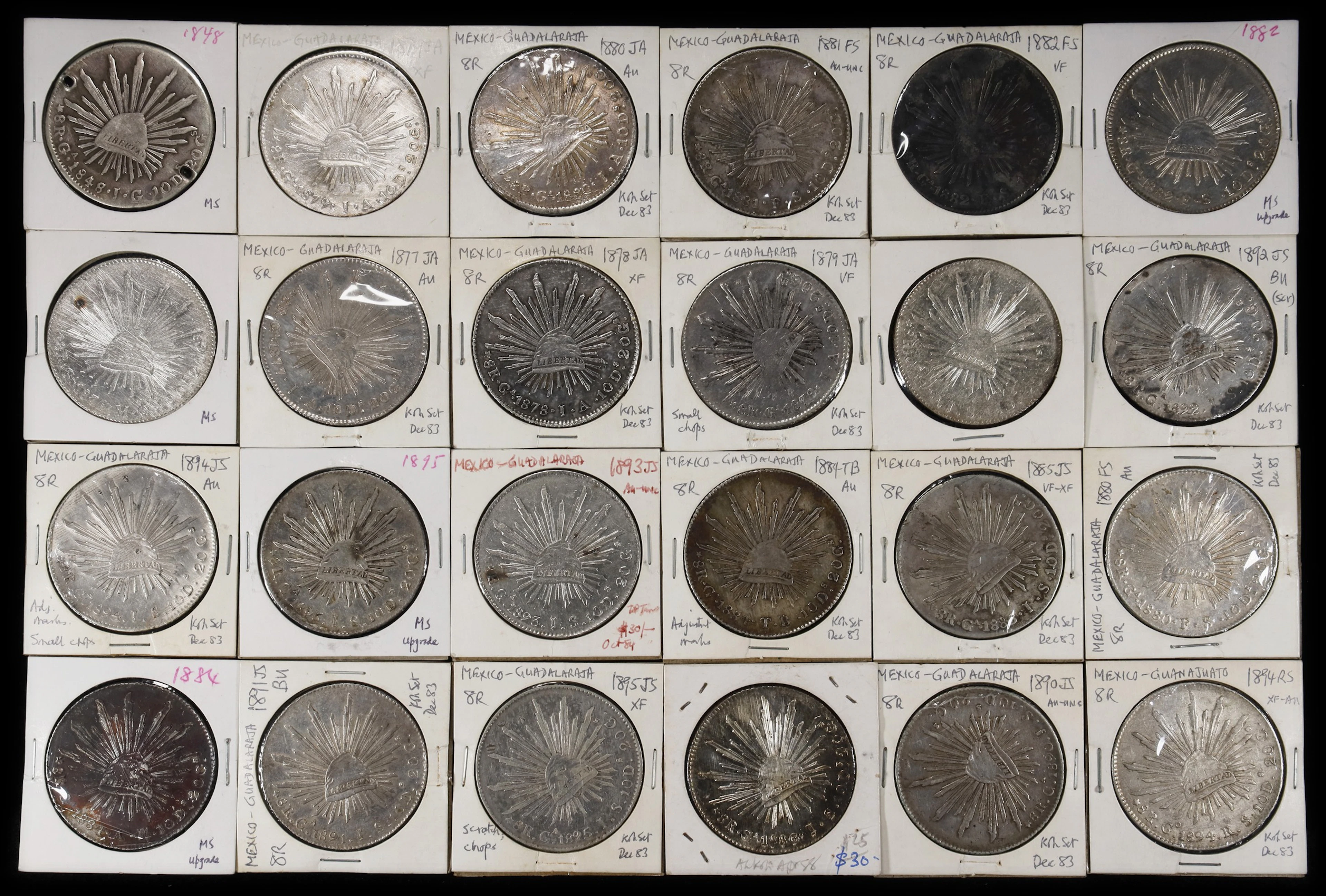 MEXICO. Group of 8 Reales (24 Pieces), 1848-95. Guadalajara Mint.