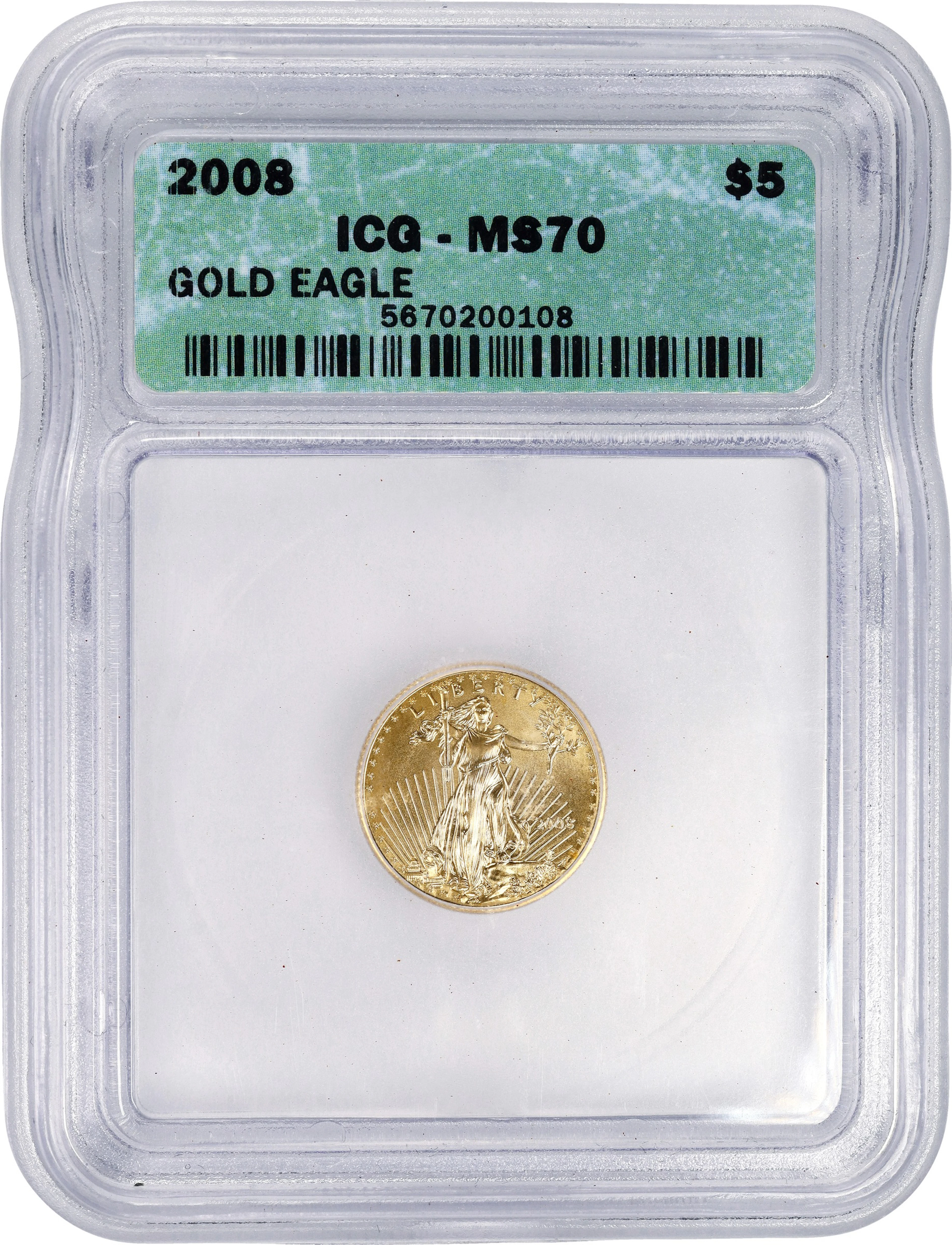(0.1 oz, 3.11 g AGW). 2008 American Gold Eagle $5. MS-70 (ICG).