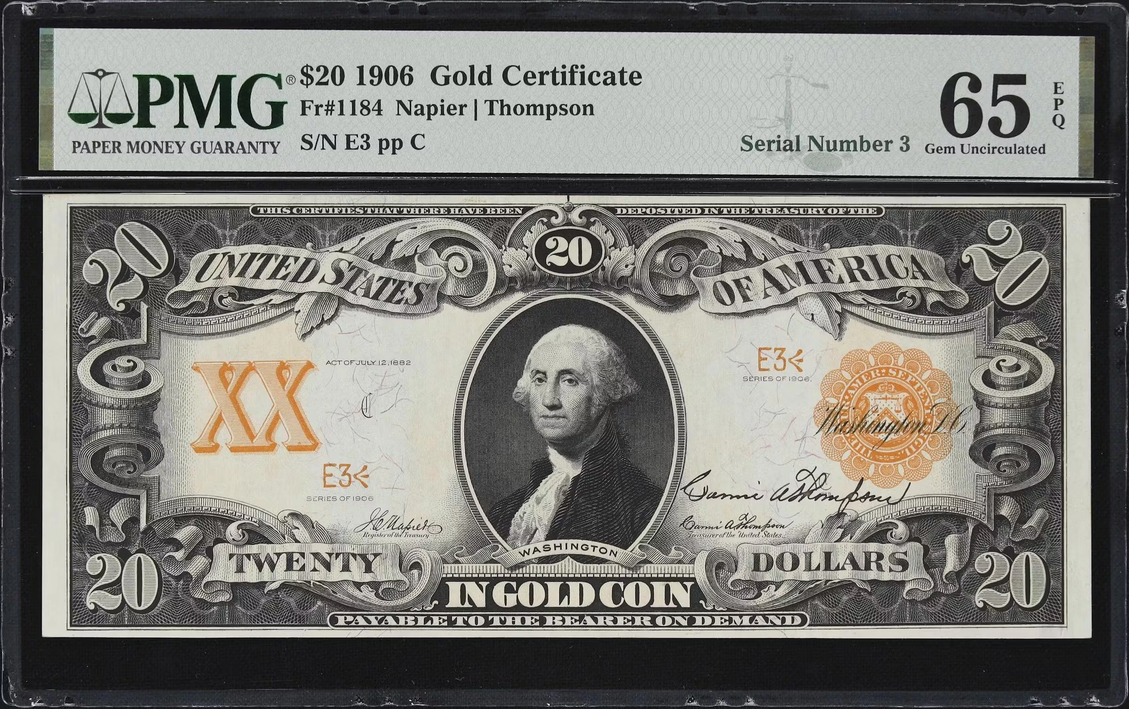 Fr. 1184. 1906 $20 Gold Certificate. PMG Gem Uncirculated 65 EPQ.