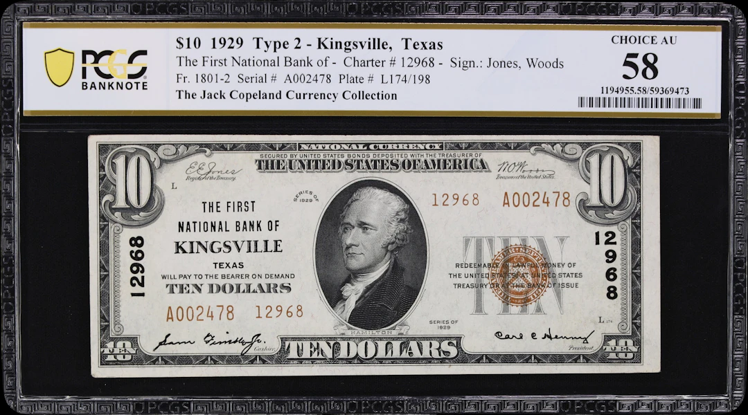 Kingsville, Texas. $10 1929 Ty. 2. Fr. 1801-2. First NB. Charter #12968.