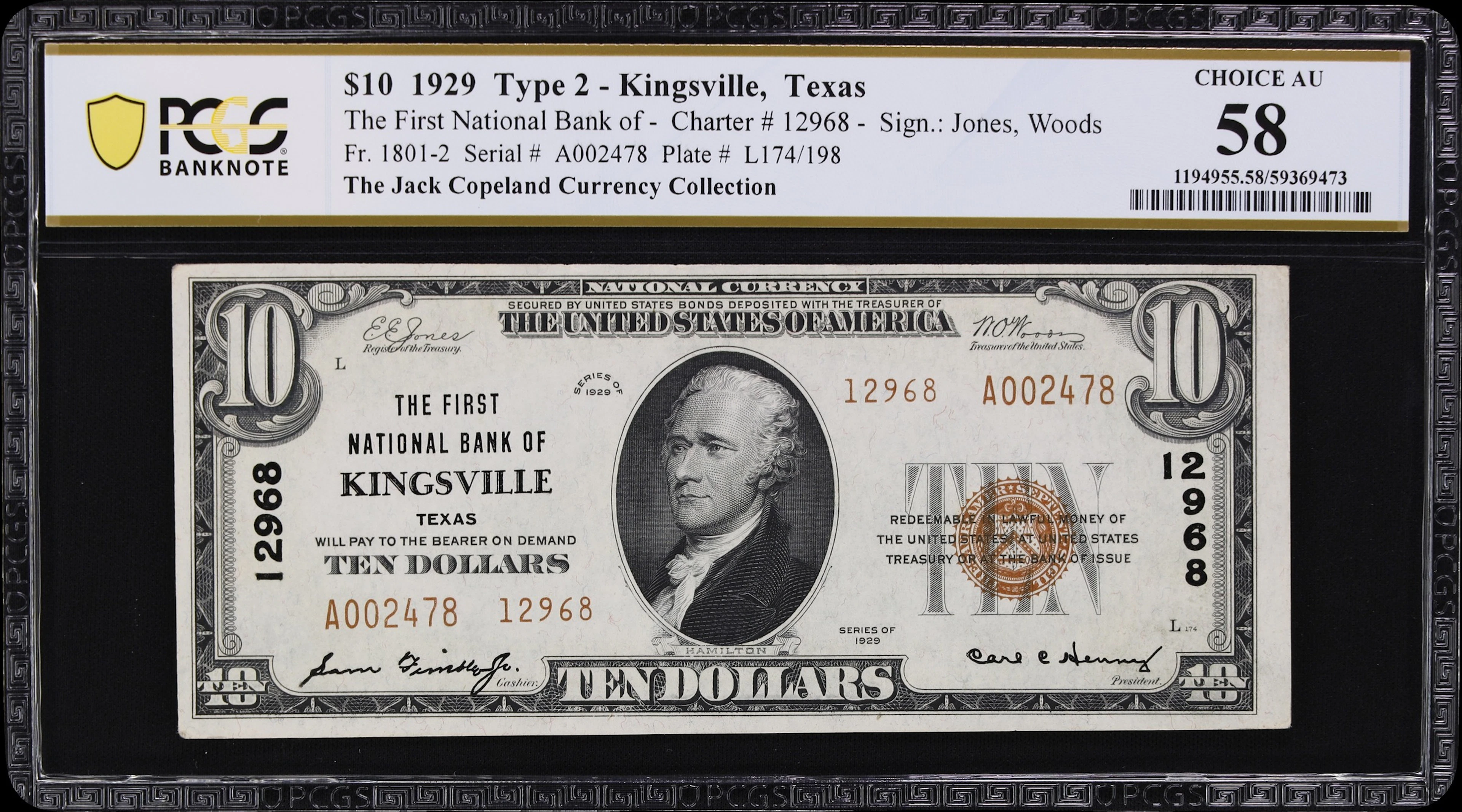 Kingsville, Texas. $10 1929 Ty. 2. Fr. 1801-2. First NB. Charter #12968.