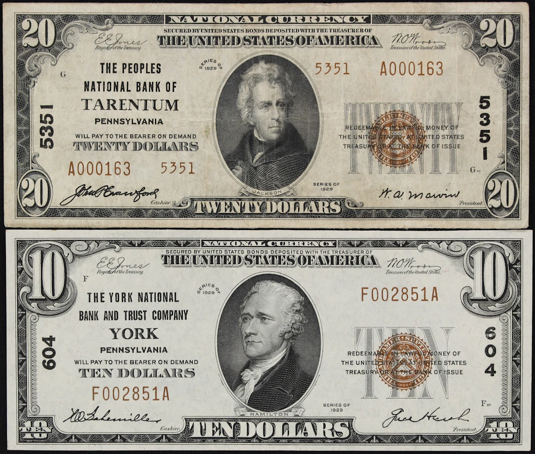 Lot of (2) Tarentum & York, Pennsylvania. $10 & $20 1929 Ty. 1 & Ty.