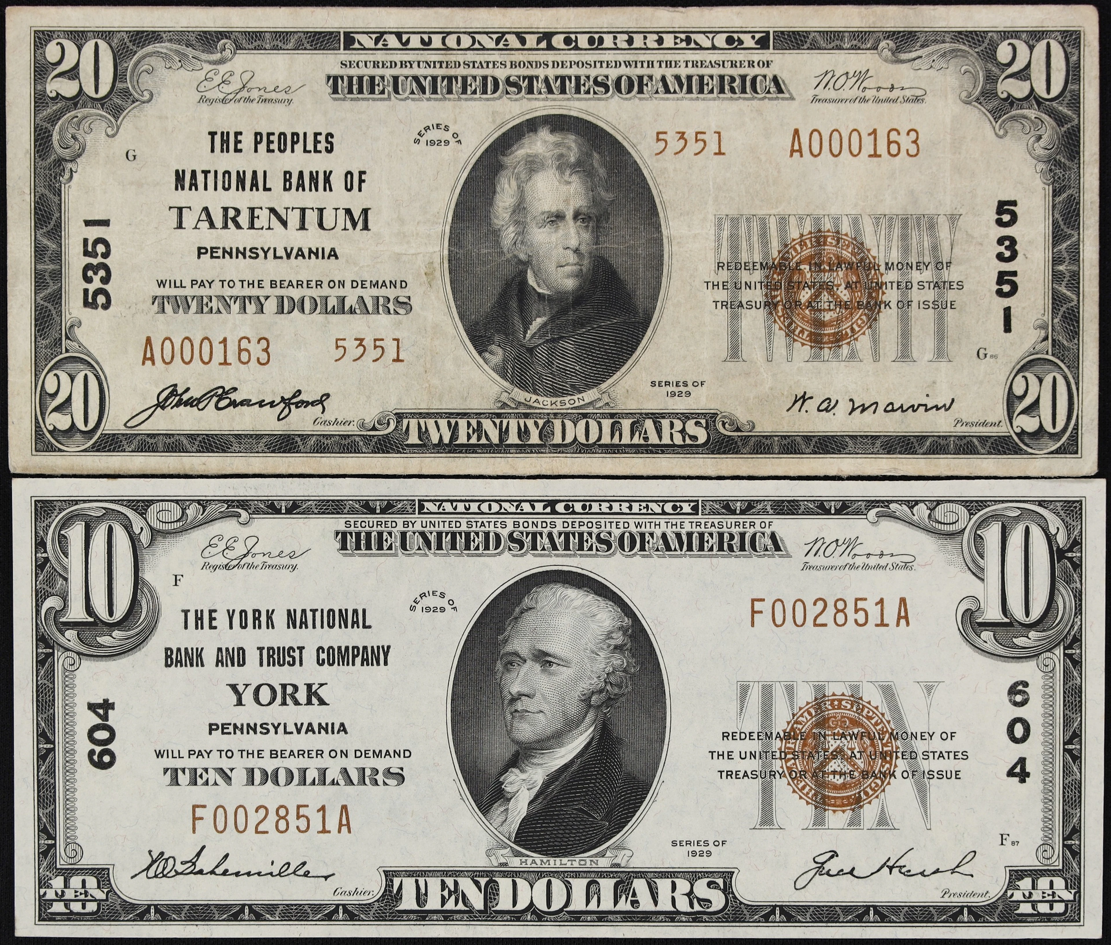 Lot of (2) Tarentum & York, Pennsylvania. $10 & $20 1929 Ty. 1 & Ty.