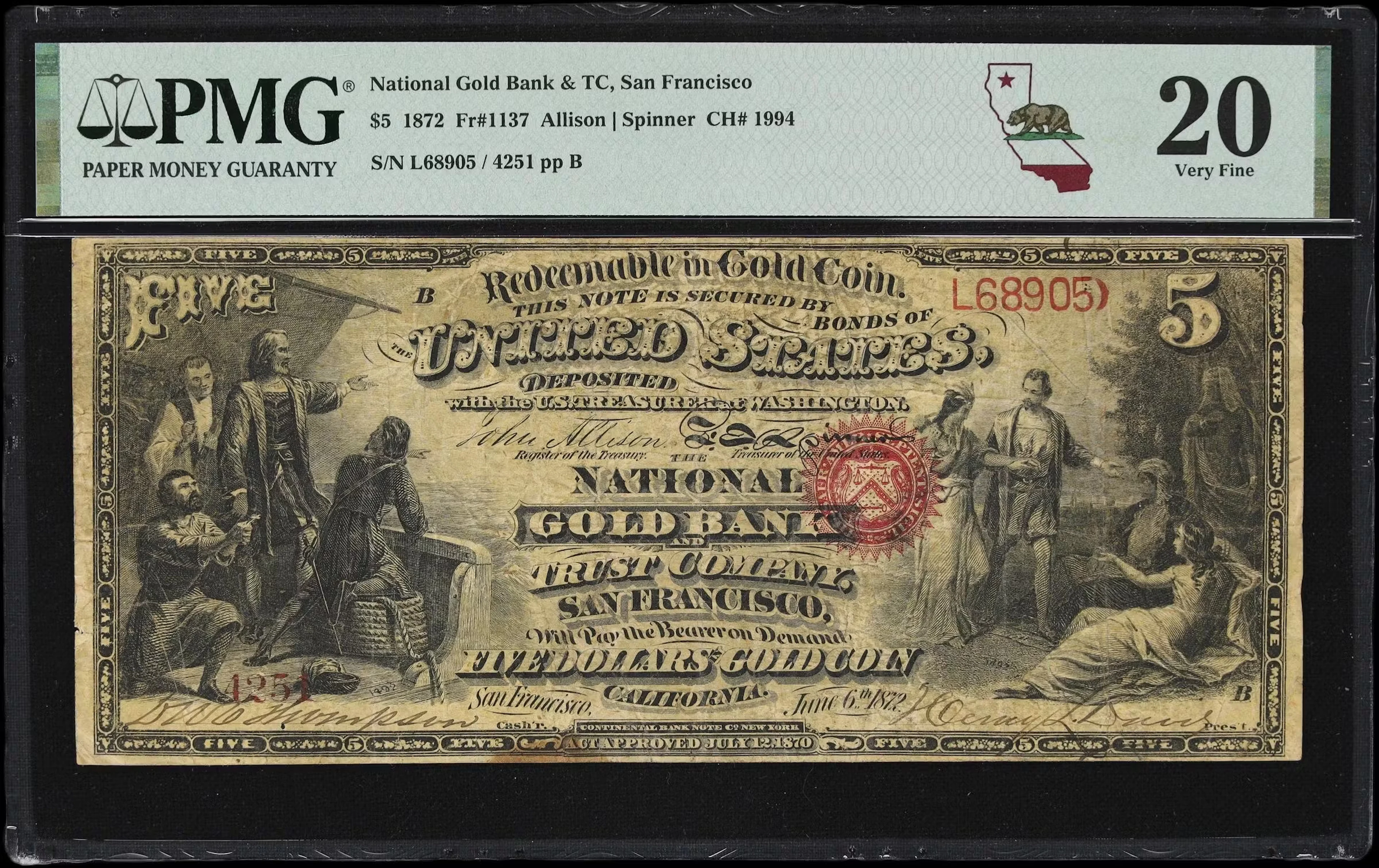 San Francisco, California. $5 1872. Fr. 1137. National Gold Bank &