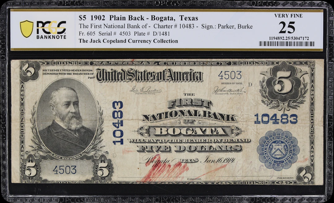 Bogata, Texas. $5 1902 Plain Back. Fr. 605. First NB. Charter #10483.