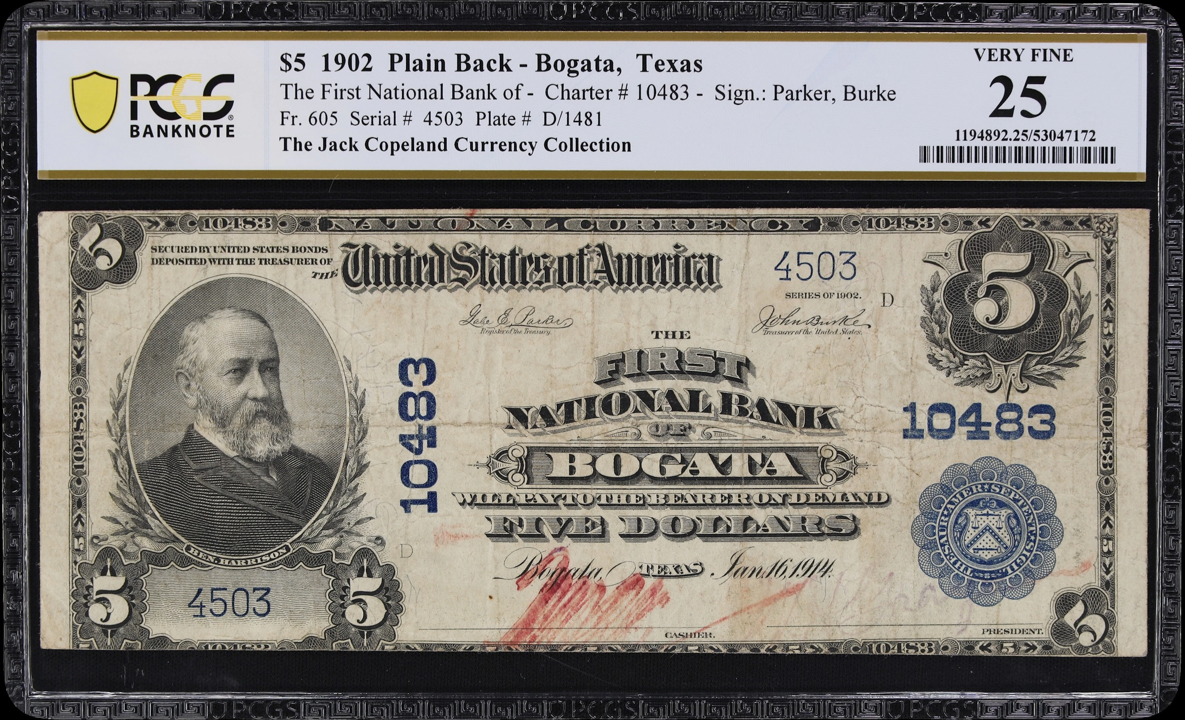 Bogata, Texas. $5 1902 Plain Back. Fr. 605. First NB. Charter #10483.