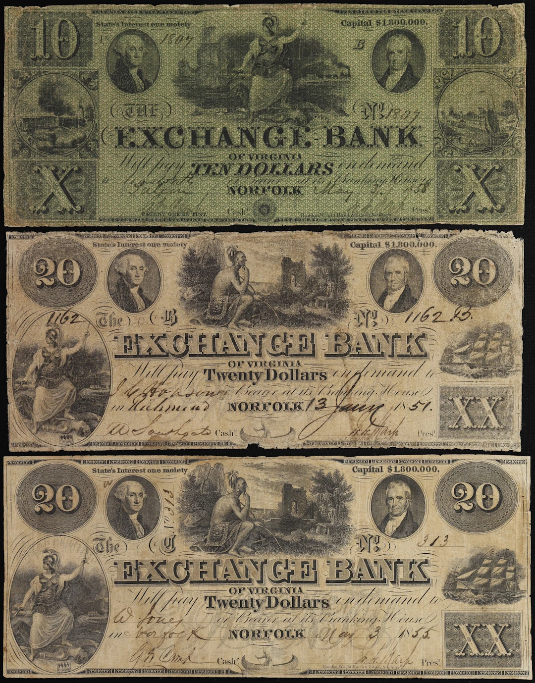 Lot of (3) Norfolk, Virginia. Exchange Bank of Virginia. 1851-58 $10