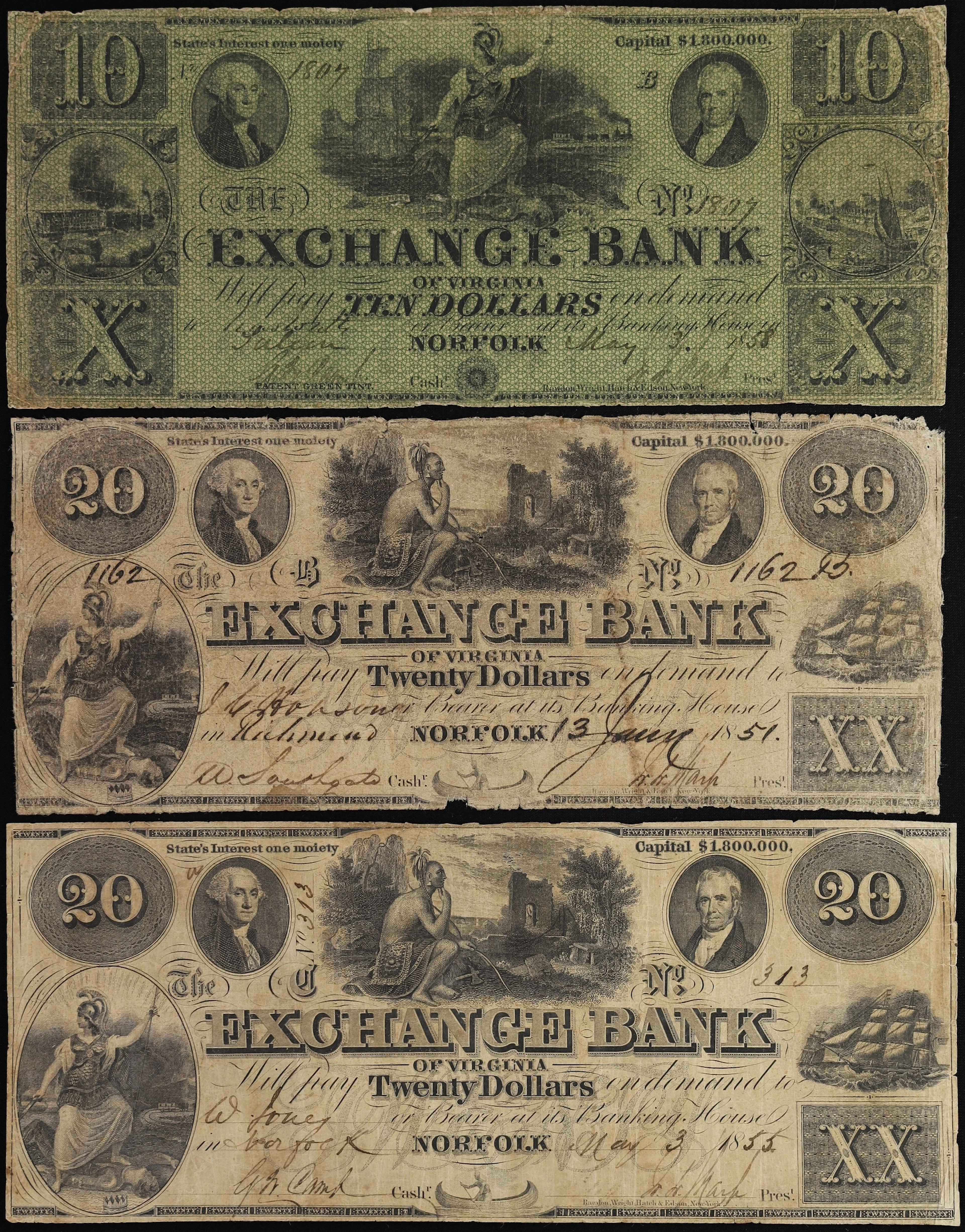 Lot of (3) Norfolk, Virginia. Exchange Bank of Virginia. 1851-58 $10