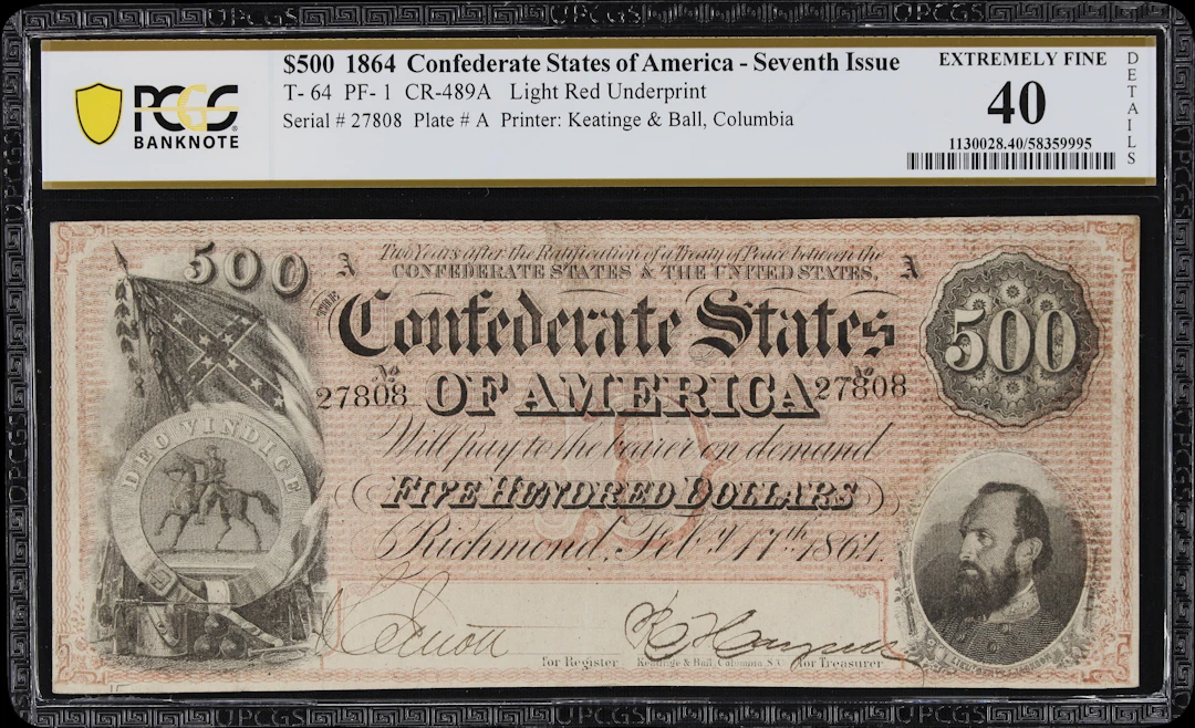 T-64. Confederate Currency. 1864 $500. PCGS Banknote Extremely Fine