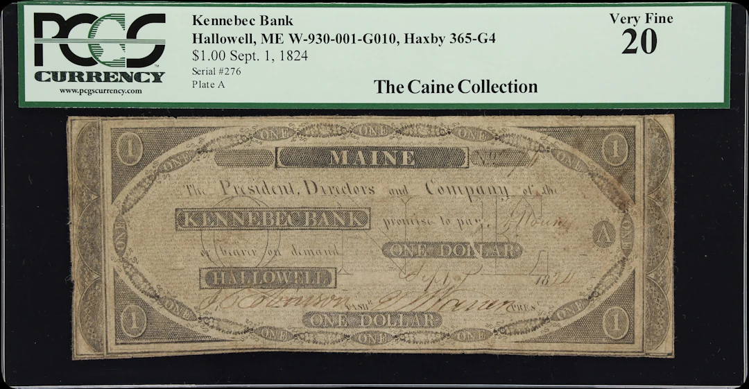 Hallowell, Maine. Kennebec Bank. 1824 $1. PCGS Currency Very Fine 20.