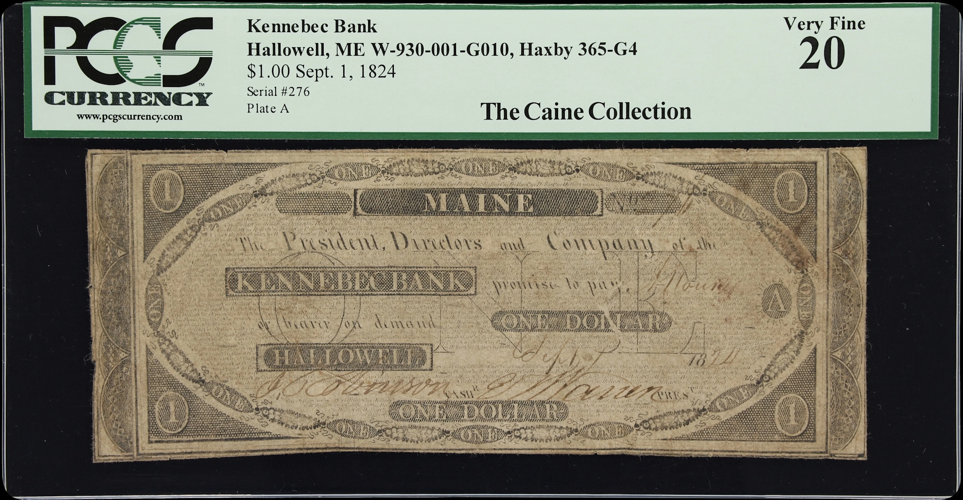 Hallowell, Maine. Kennebec Bank. 1824 $1. PCGS Currency Very Fine 20.