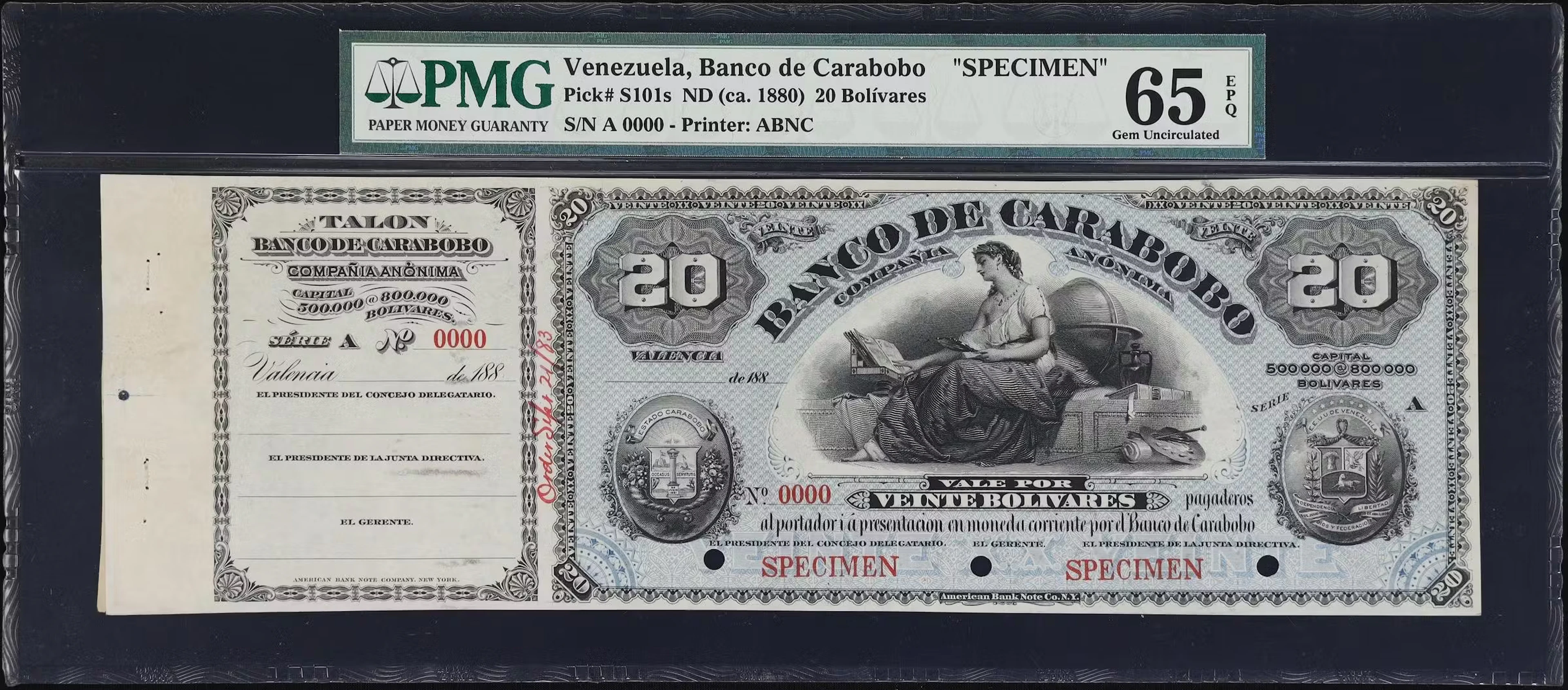 VENEZUELA. Banco de Carabobo. 20 Bolivares, ND (ca. 1883). P-S101s.