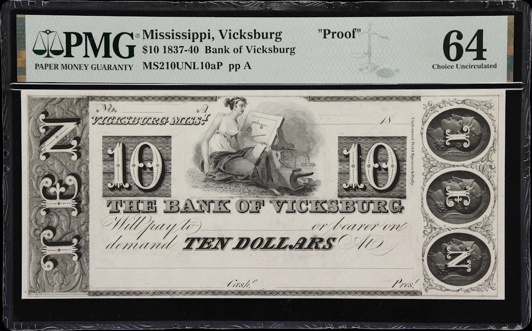 Vicksburg, Mississippi. Bank of Vicksburg. 18xx $10. PMG Choice Uncirculated
