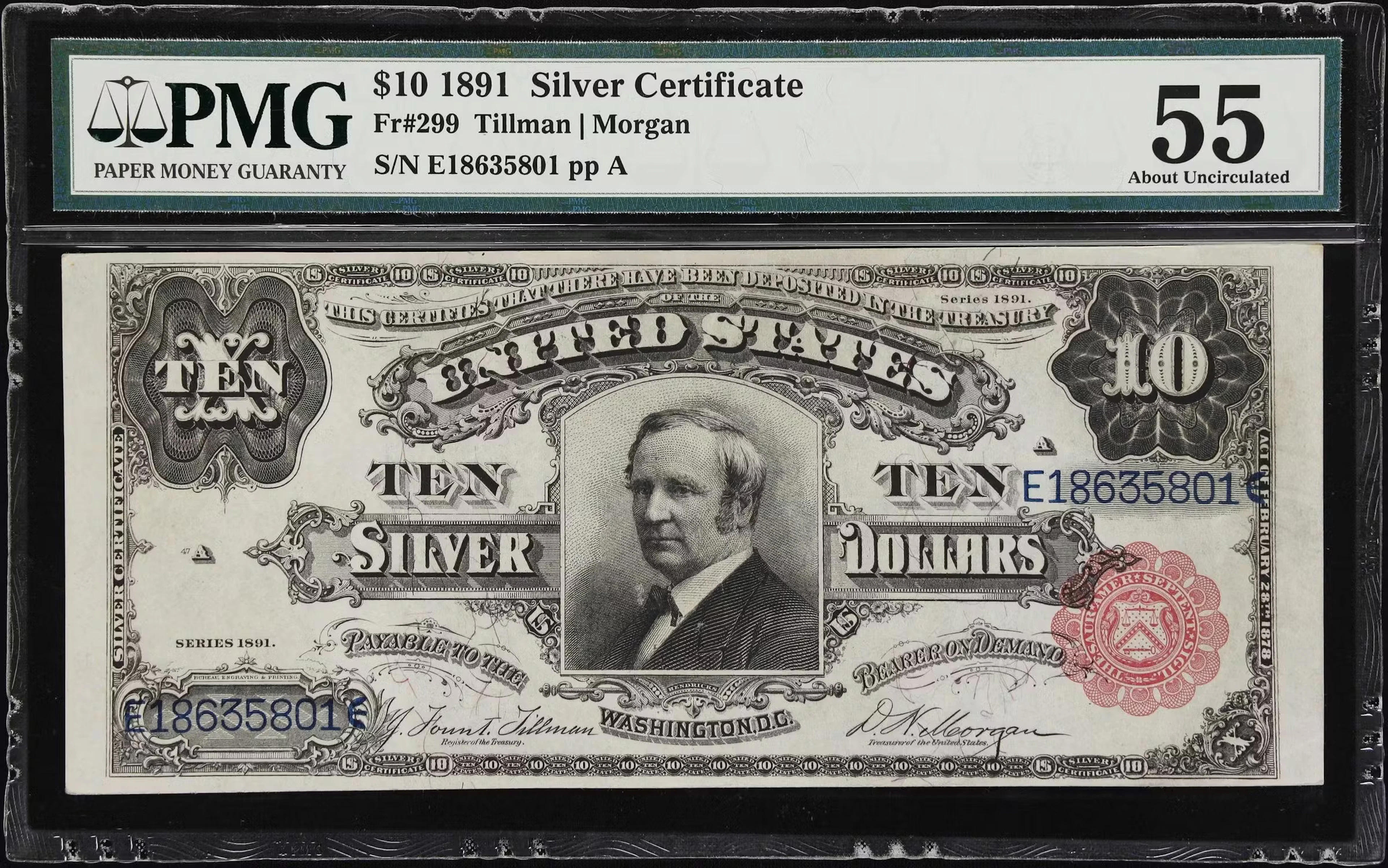 Fr. 299. 1891 $10 Silver Certificate. PMG About Uncirculated 55.