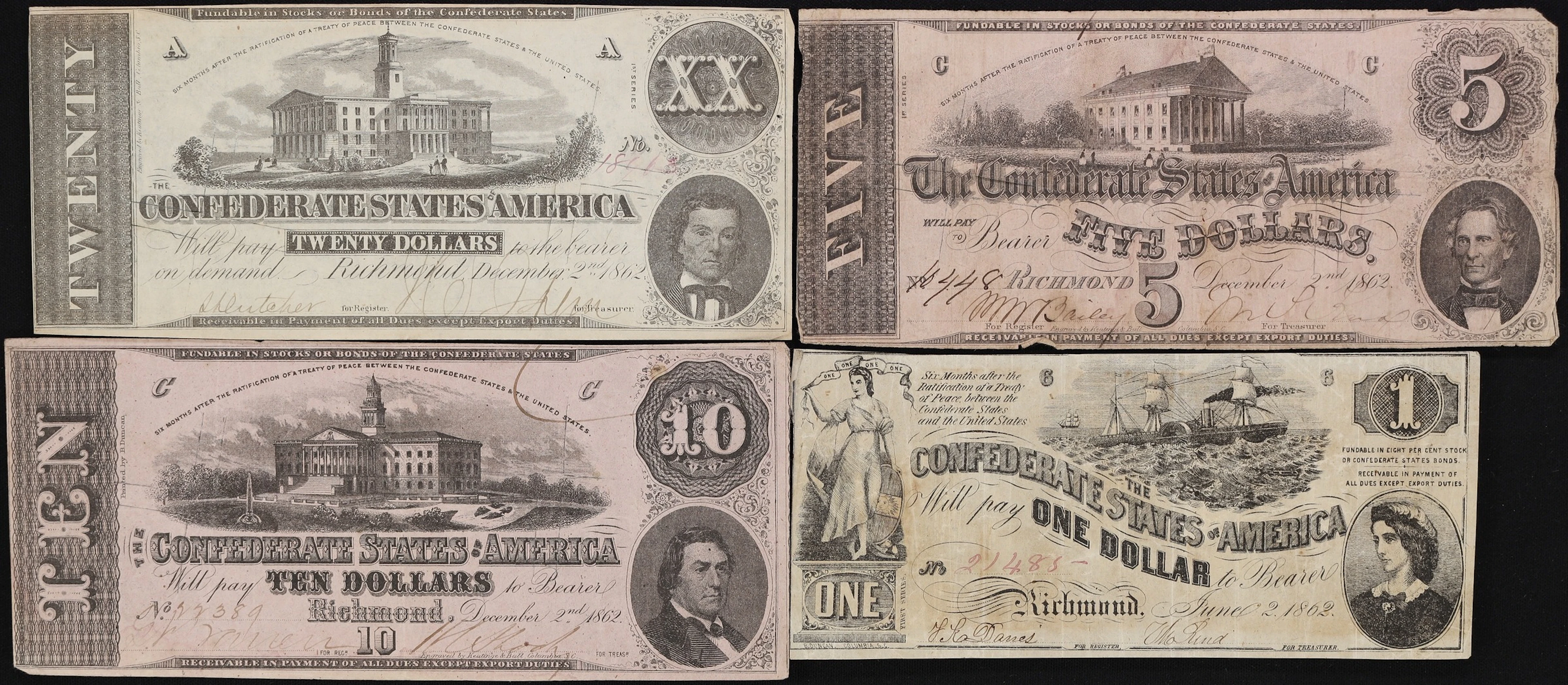 Lot of (4) T-44, T-51, T-52, & T-53. Confederate Currency. 1862 $1
