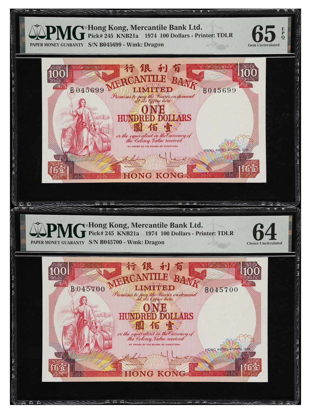 HONG KONG (SAR). Lot of (2). Mercantile Bank Limited. 100 Dollars