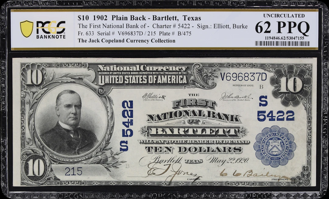 Bartlett, Texas. $10 1902 Plain Back. Fr. 633. First NB. Charter #5422.