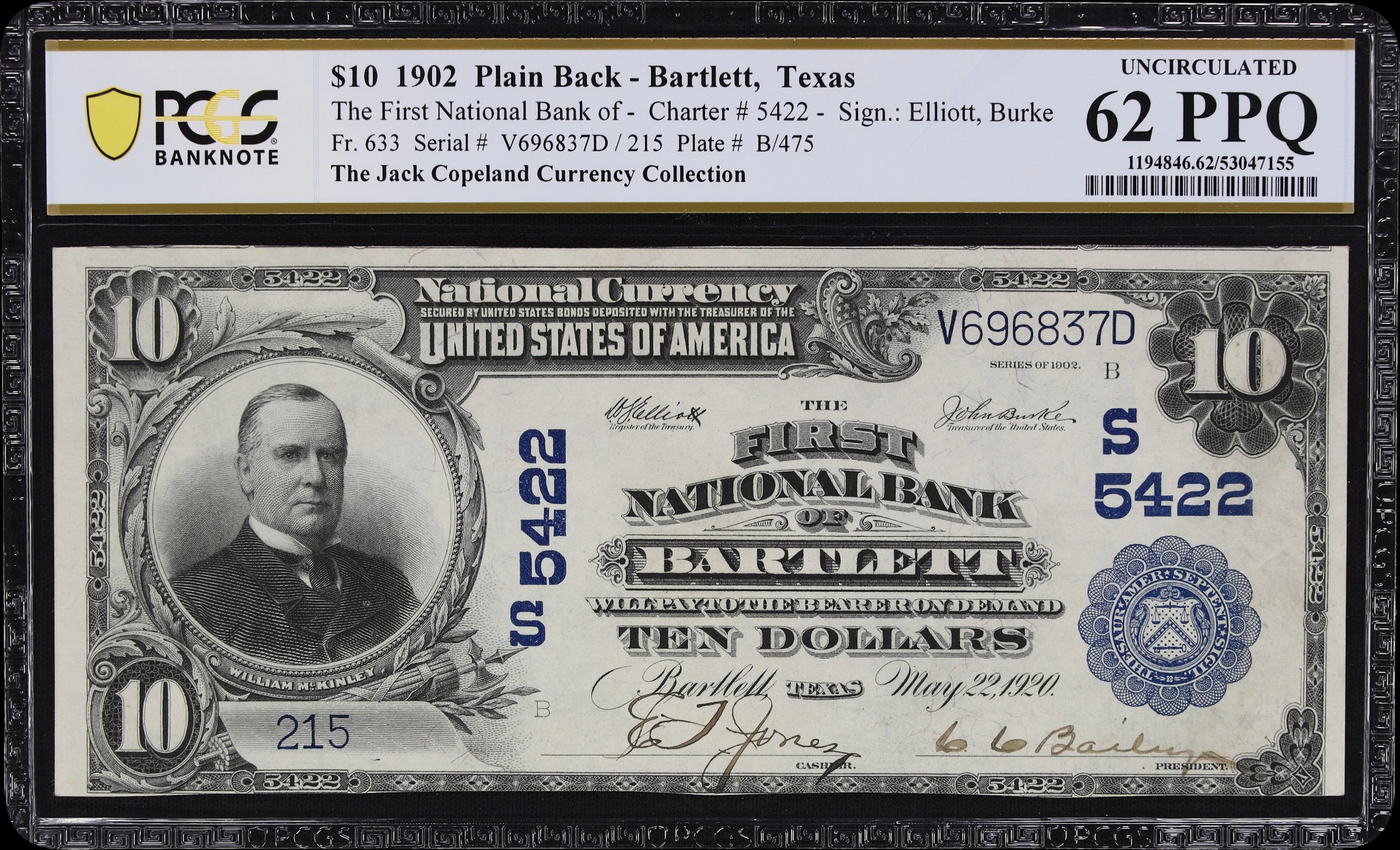 Bartlett, Texas. $10 1902 Plain Back. Fr. 633. First NB. Charter #5422.