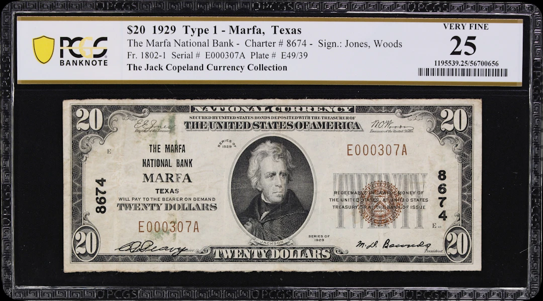 Marfa, Texas. $20 1929 Ty. 1. Fr. 1802-1. Marfa NB. Charter #8674.