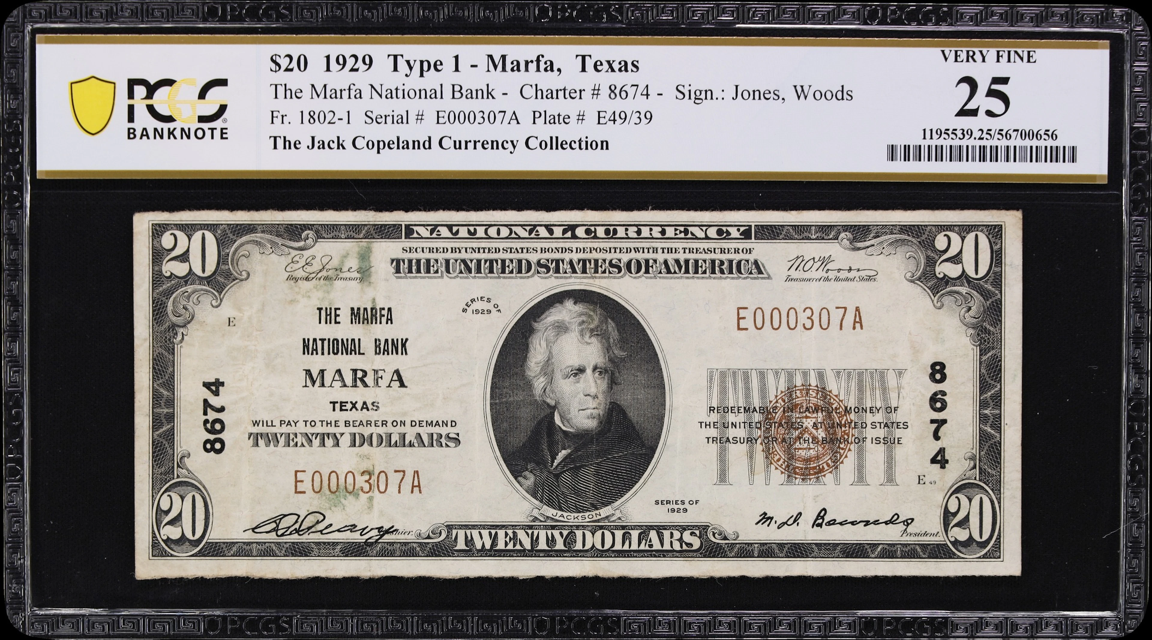 Marfa, Texas. $20 1929 Ty. 1. Fr. 1802-1. Marfa NB. Charter #8674.