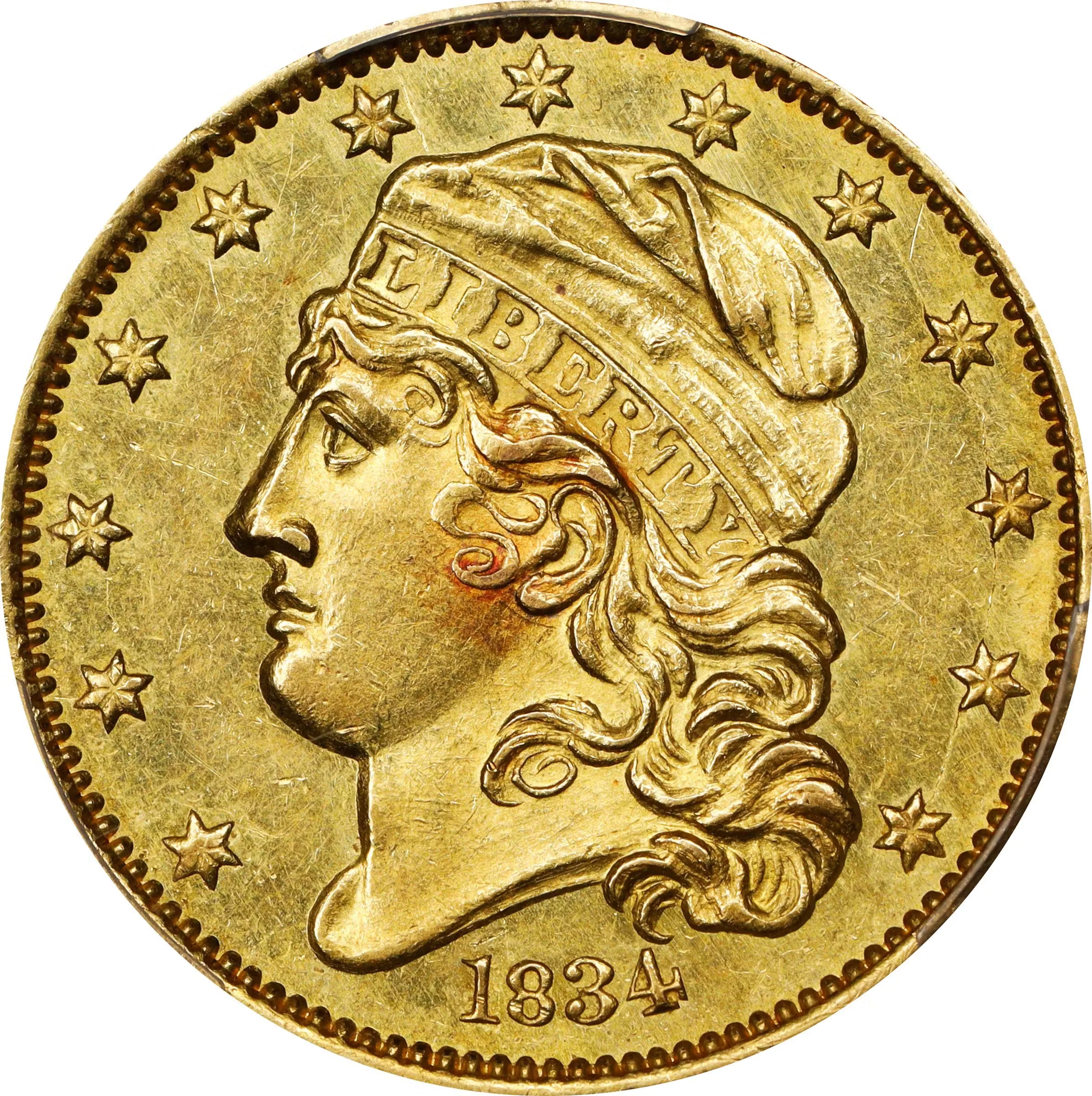 1834 Capped Head Left Half Eagle. BD-2. Rarity-5. Crosslet 4. MS-62+ (PCGS).