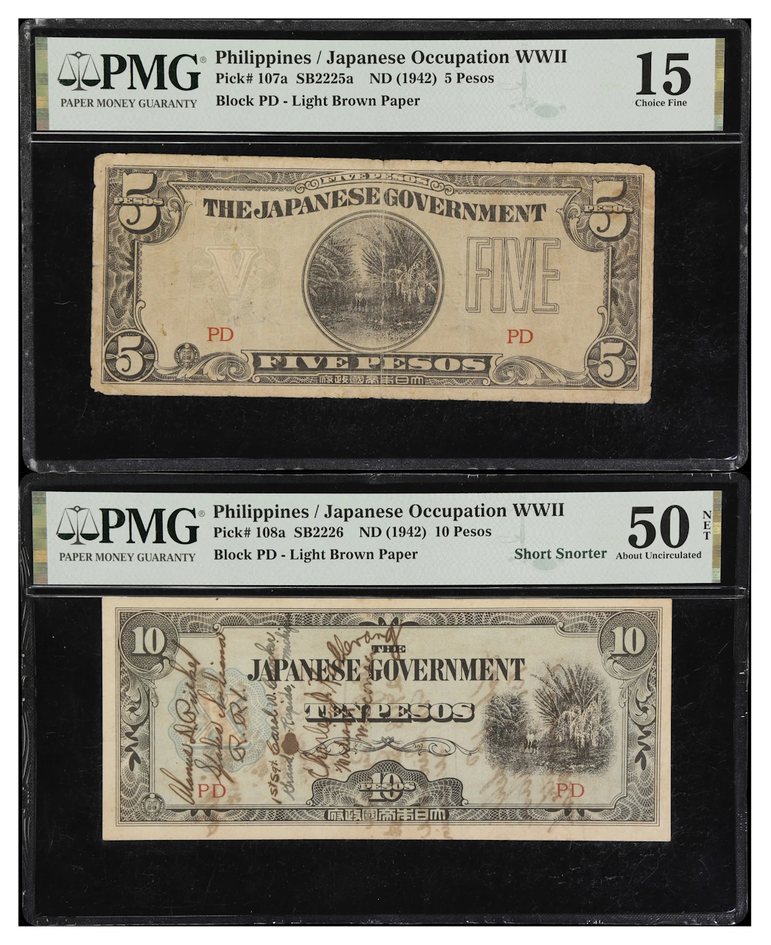 PHILIPPINES. Lot of (2). Japanese Government. 5 & 10 Pesos, ND (1942).