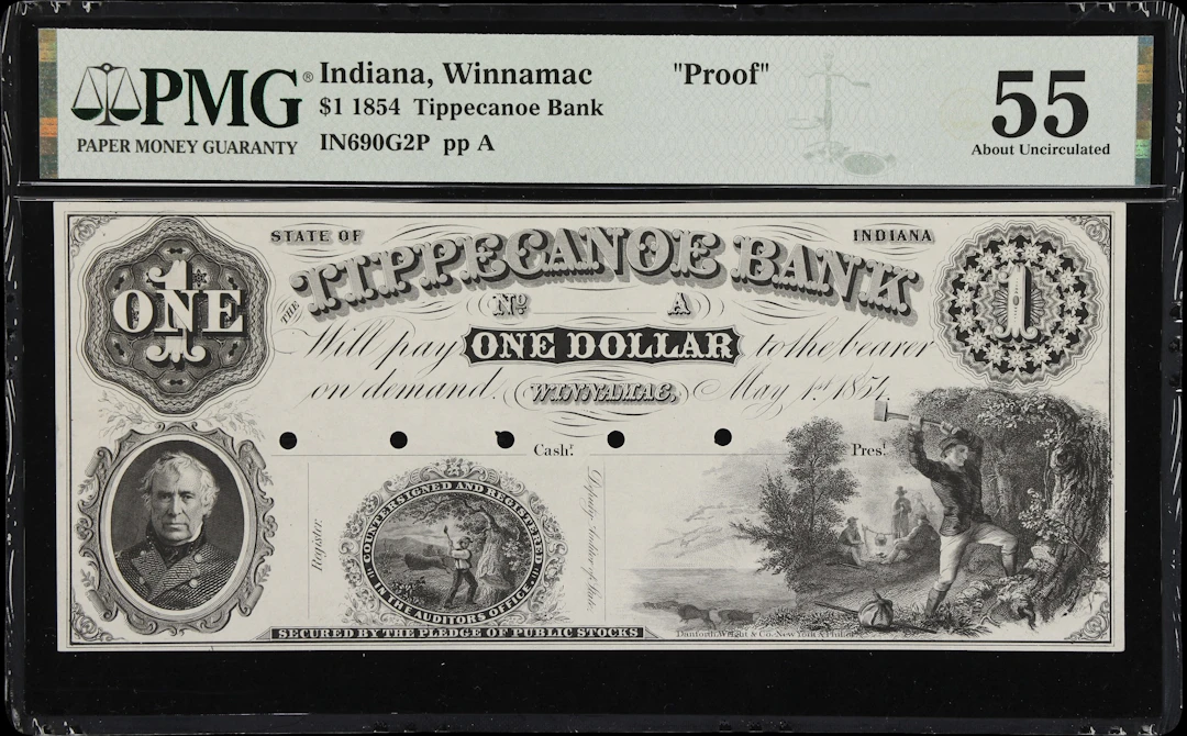 Winnamac, Indiana. Tippecanoe Bank. 1854 $1. PMG About Uncirculated 55. Proof.