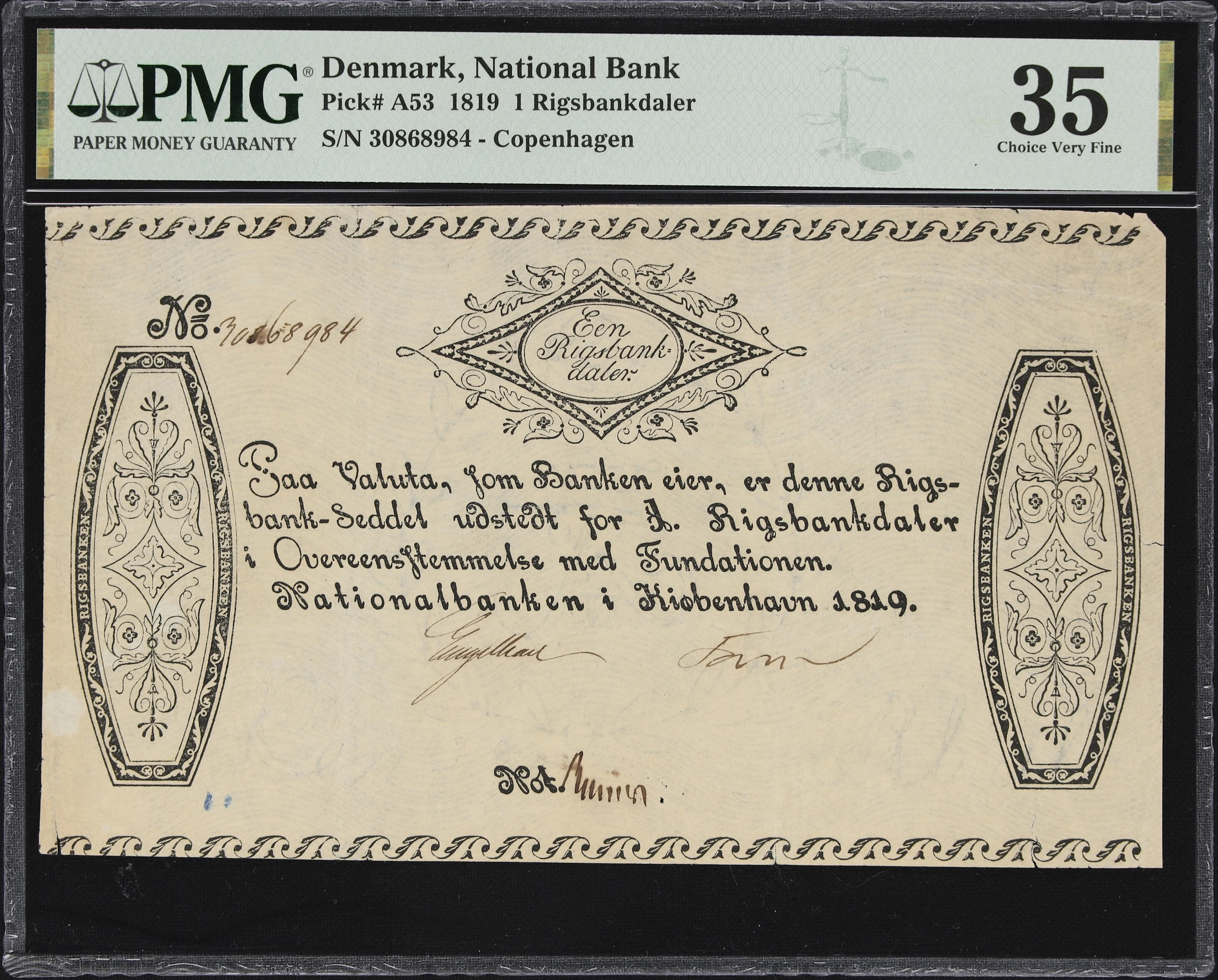 (◊) DENMARK. Nationalbanken i Kiobenhavn. 1 Rigsbankdaler, 1819. P-A53.