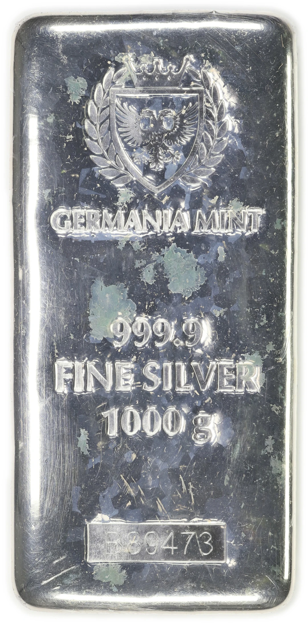 (32.151 oz, 1000 g ASW). Germania Mint 1 Kilo Silver Bar.