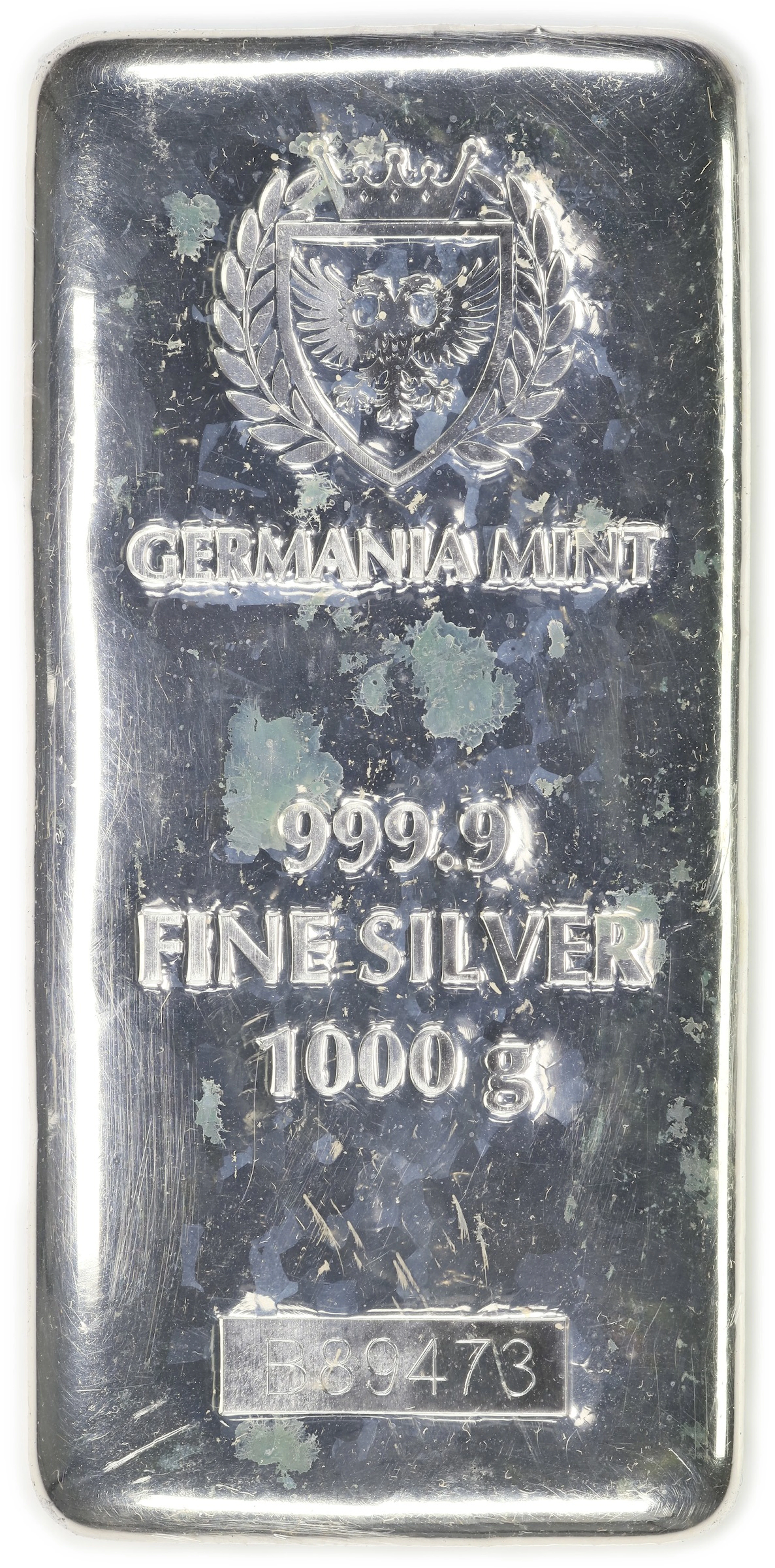 (32.151 oz, 1000 g ASW). Germania Mint 1 Kilo Silver Bar.