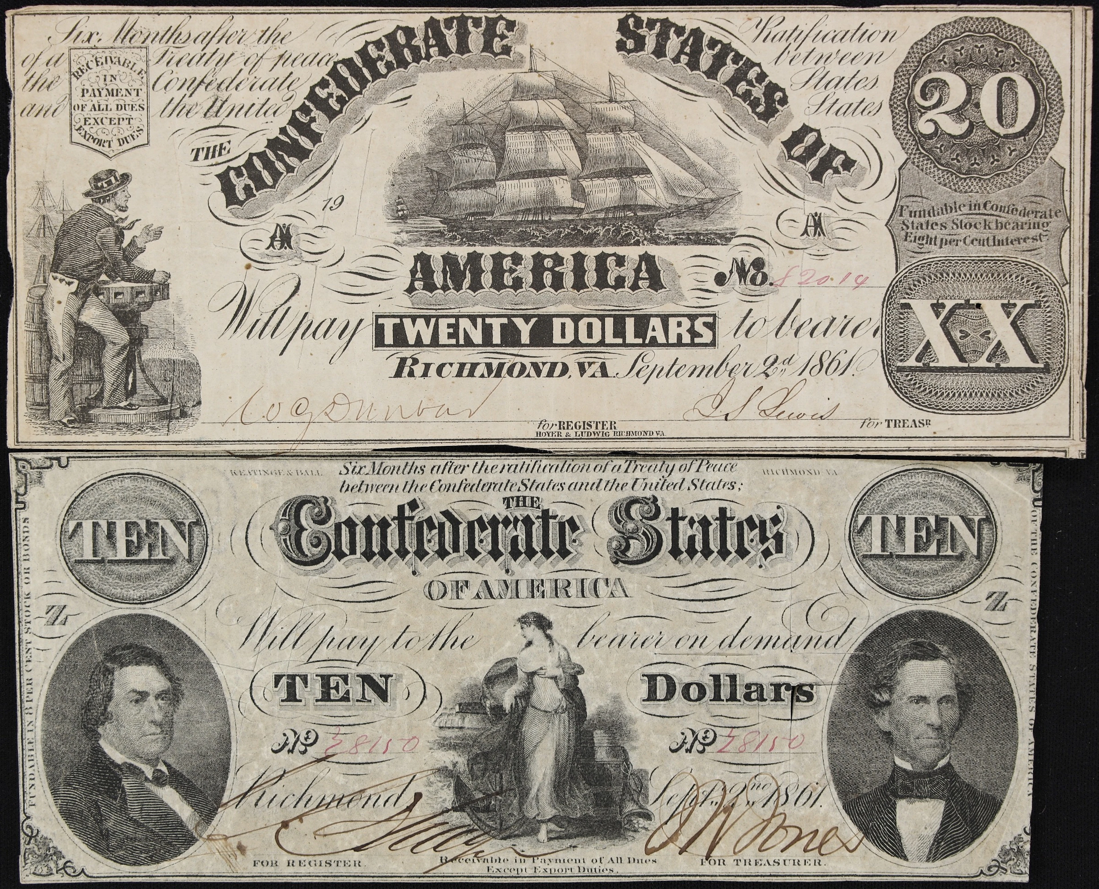 Lot of (2) T-20 & T-25. Confederate Currency. 1861 $10 & $20. Very Fine.