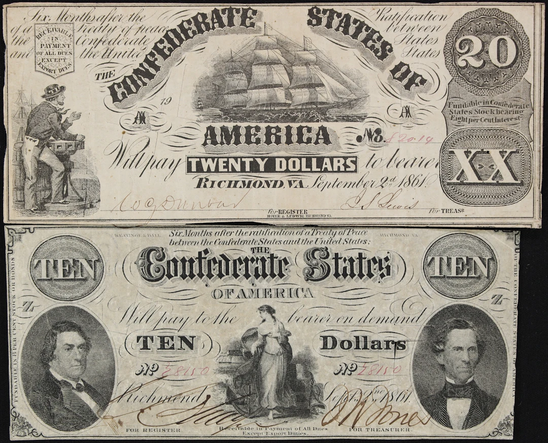 Lot of (2) T-20 & T-25. Confederate Currency. 1861 $10 & $20. Very Fine.