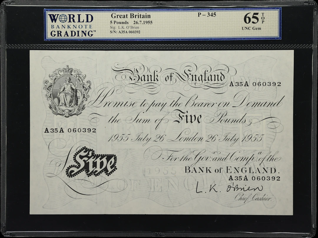 GREAT BRITAIN. Bank of England. 5 Pounds, 26.7.1955. P-345. WBG Gem